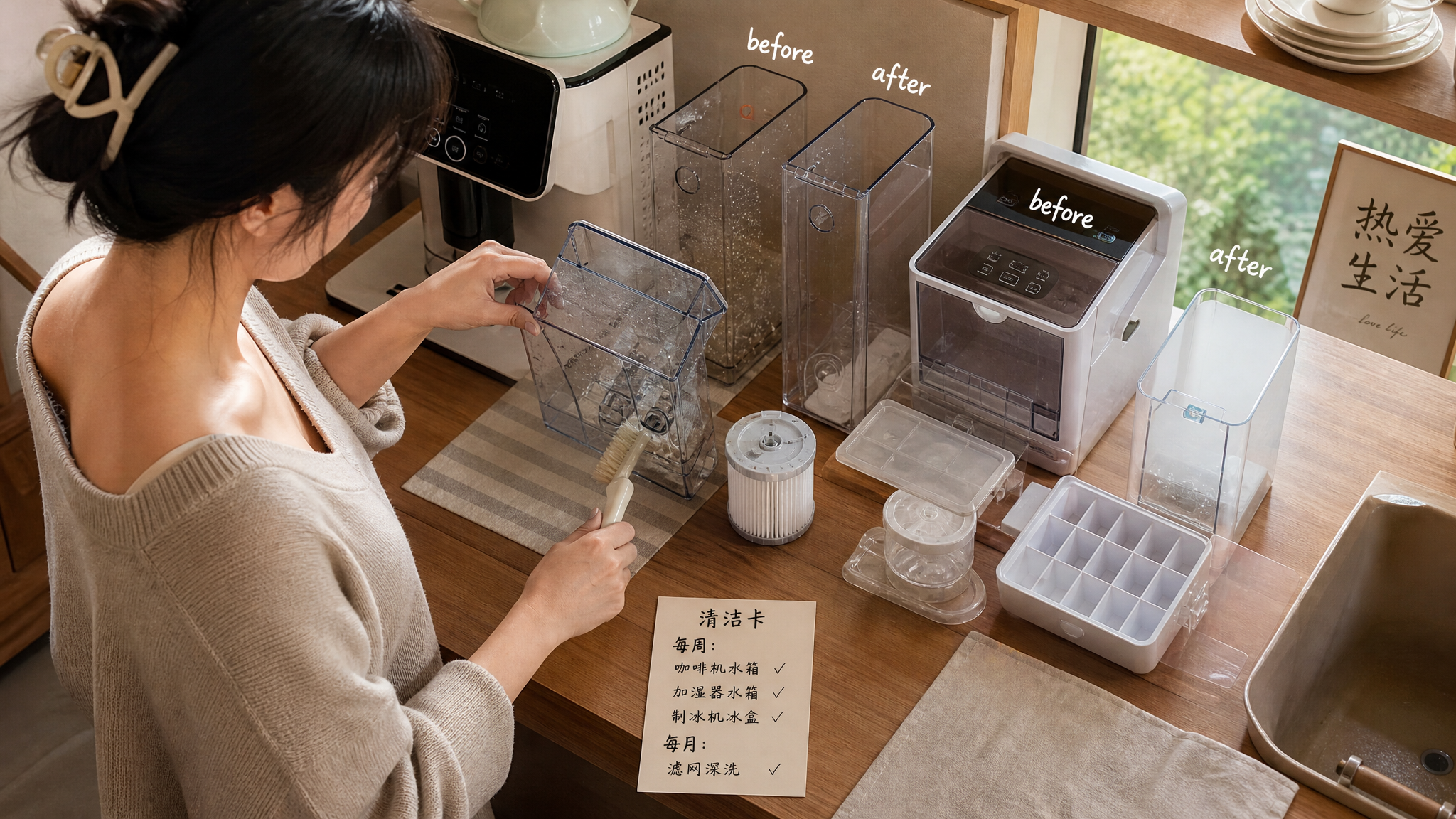 中国年轻女性独居者在小厨房水吧台前整理小家电，正在拆下咖啡机水箱并用软刷清洁，旁边放着加湿器水箱和制