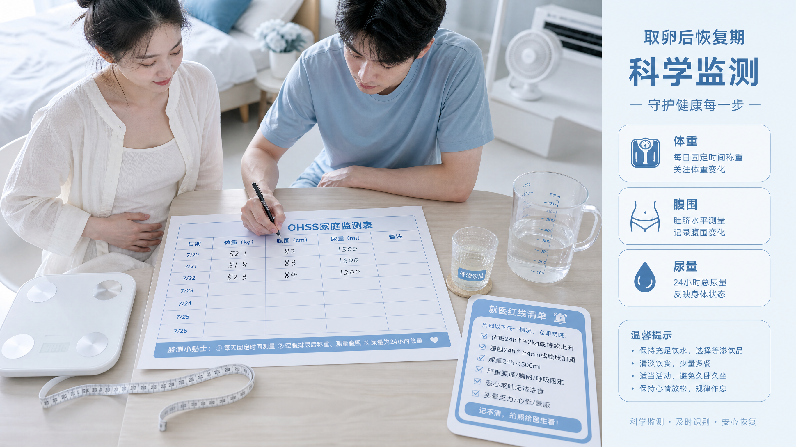 极简蓝白清凉信息长图风格的画面,场景为中国家庭卧室或客厅一角的干净桌面;人物为中国年轻女性(卵泡穿刺后恢