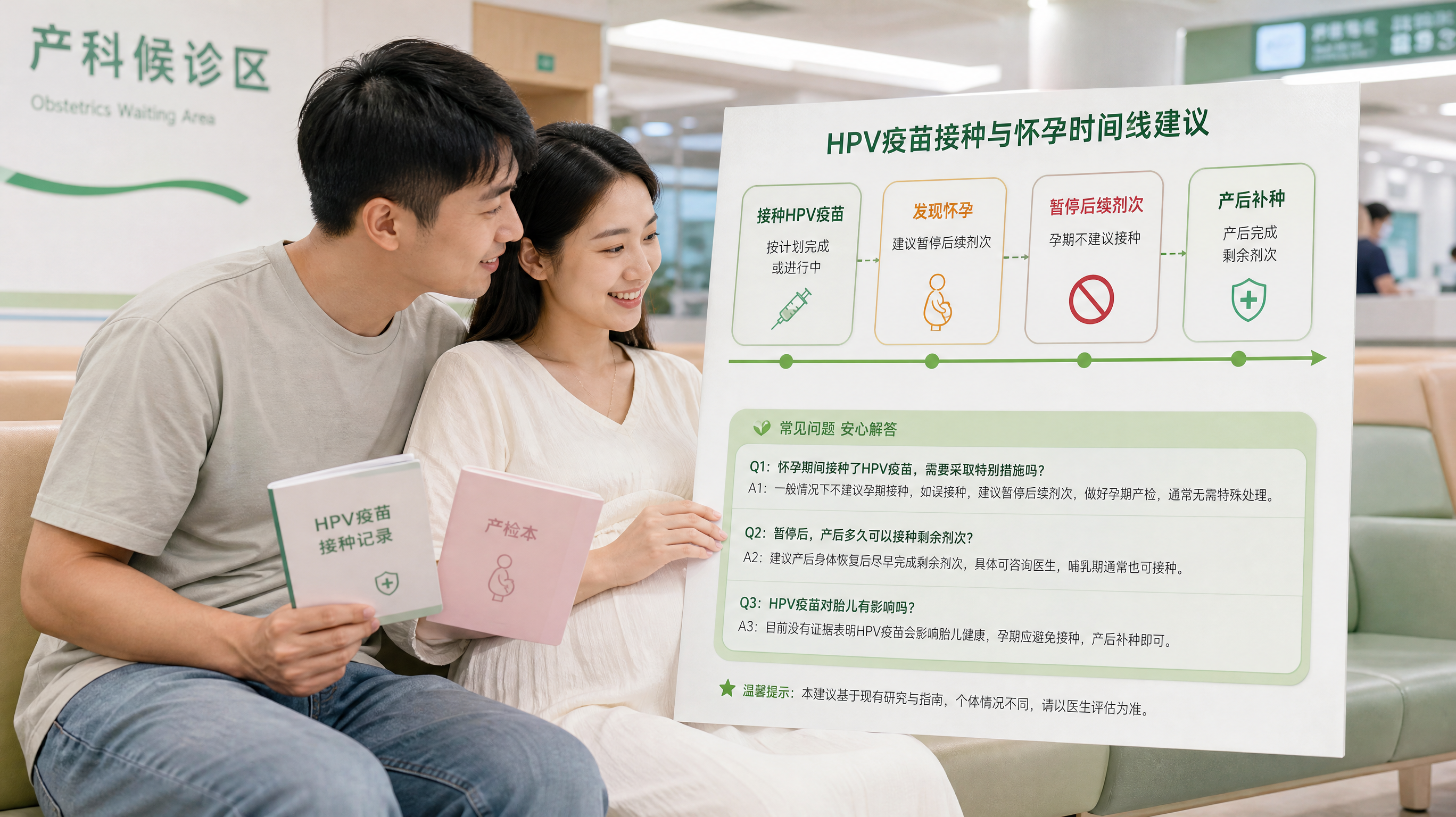 中国年轻孕妇与丈夫在医院产科候诊区，手里拿着HPV疫苗接种记录与产检本，二人一起看一张“HPV疫苗-