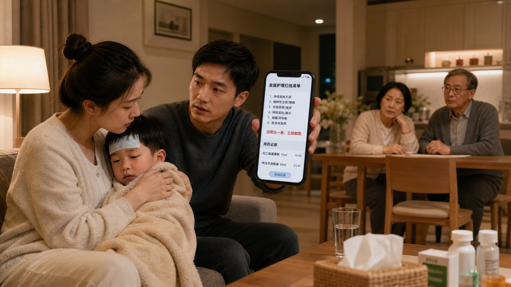 中国家庭夜晚客厅场景，一位中国年轻妈妈抱着发烧的中国幼儿坐在沙发边，另一位中国年轻爸爸站在旁边举起手