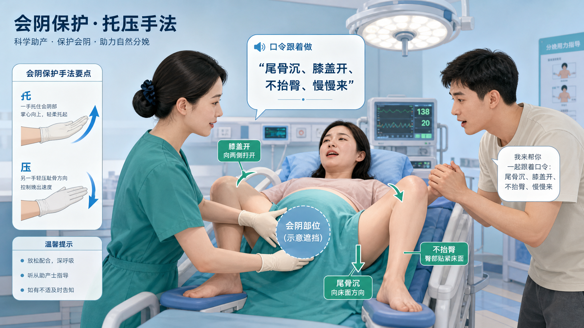 产房场景，画面以科普示意为主：一位中国助产士站在产床侧边，戴手套，双手在会阴保护位置做“托、压”手势