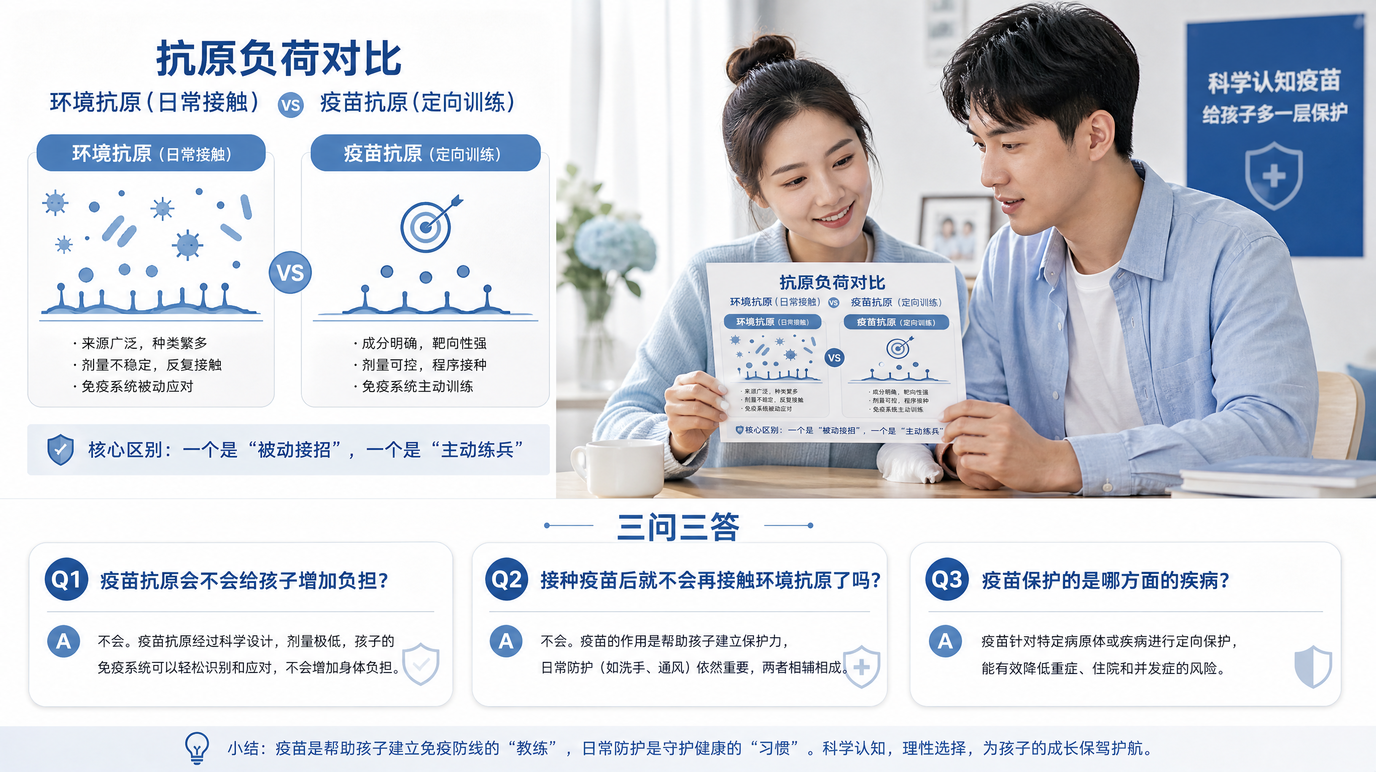 竖版信息图海报，场景为干净明亮的家庭餐桌旁，中国年轻妈妈和中国年轻爸爸坐在一起查看一张“抗原负荷对比