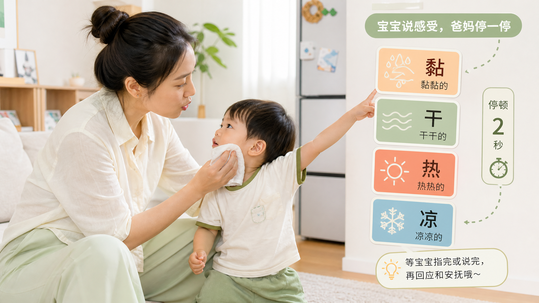 中国年轻妈妈在家中明亮整洁的客厅里，给中国2岁左右幼儿轻轻擦汗，妈妈表情温和专注，嘴型像在说“黏黏的
