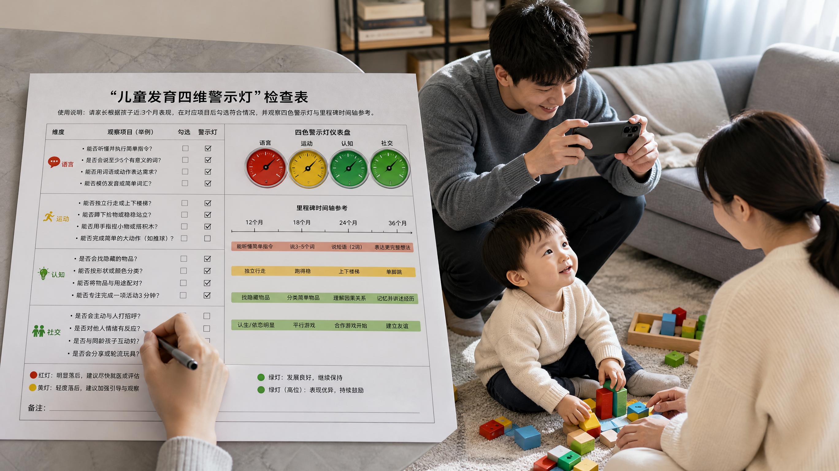 场景为中国家庭的客厅，墙面简洁，桌面摆放一张“儿童发育四维警示灯”检查表；人物为中国年轻爸爸妈妈与1