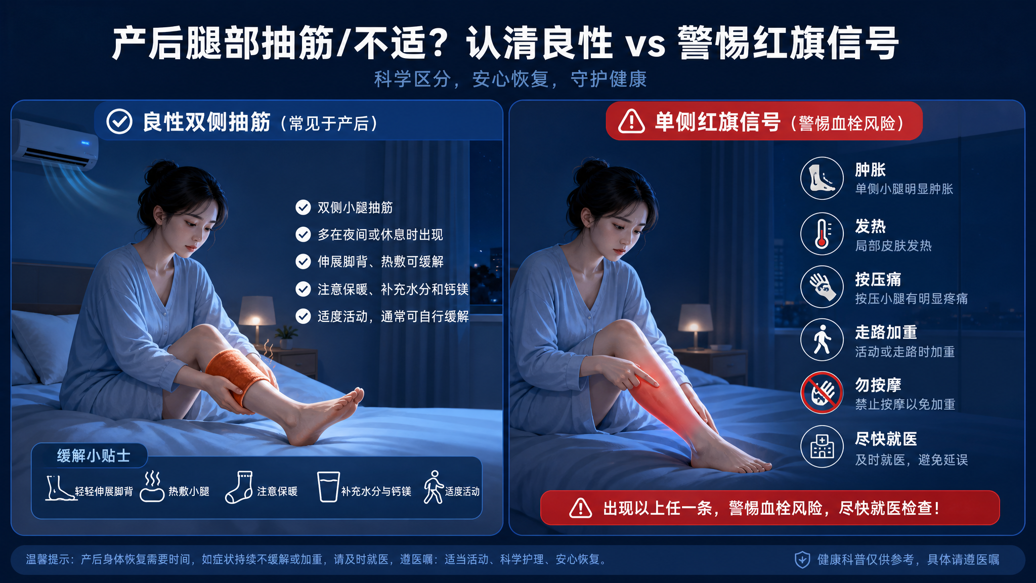 深蓝医用风信息图海报，画面分为左右两栏对比，中国年轻产后妈妈坐在床边，左侧表现“良性双侧抽筋”场景：