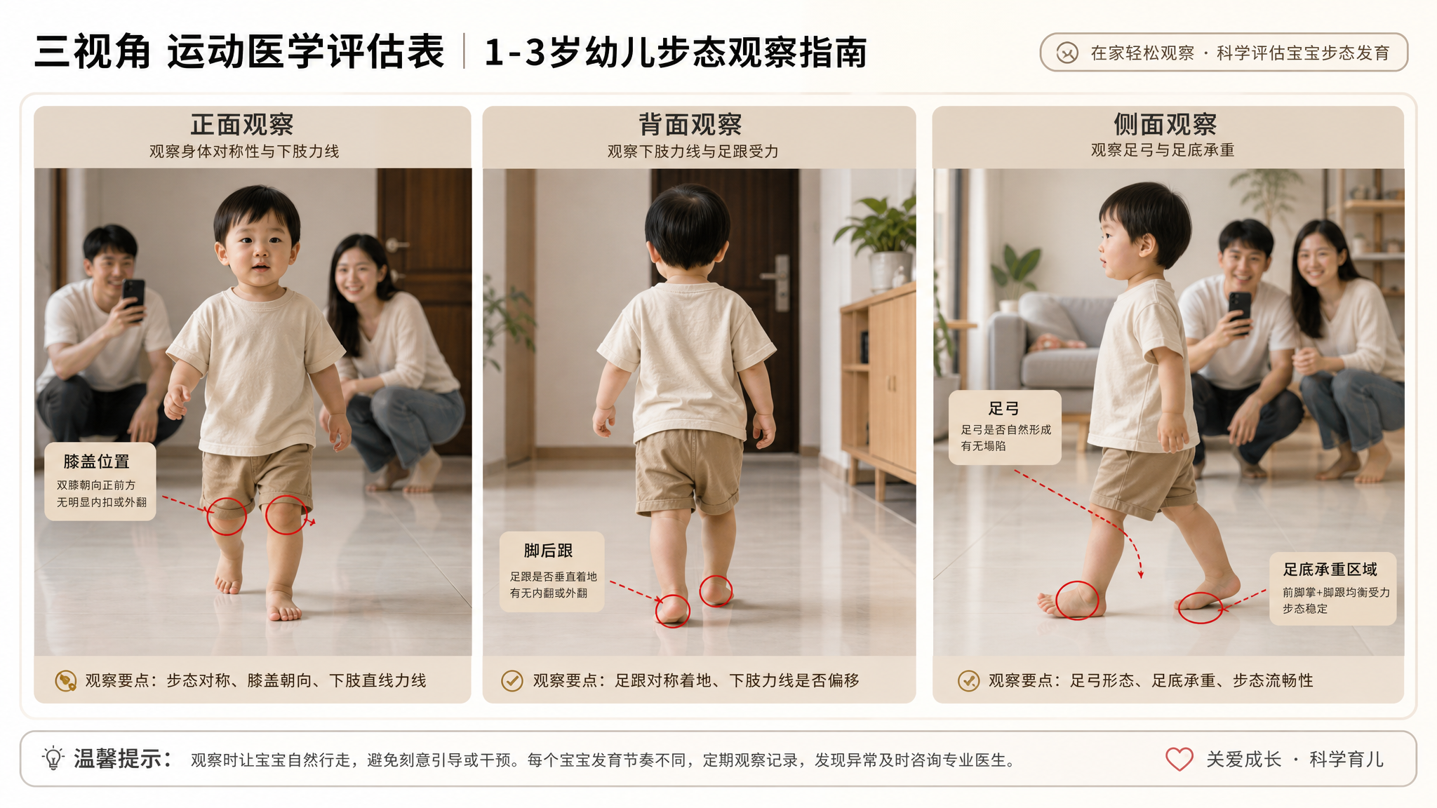 中国家庭客厅或走廊内，明亮整洁的安全地面上，一位1-3岁中国幼儿赤脚沿直线自然行走，中国年轻父母在一