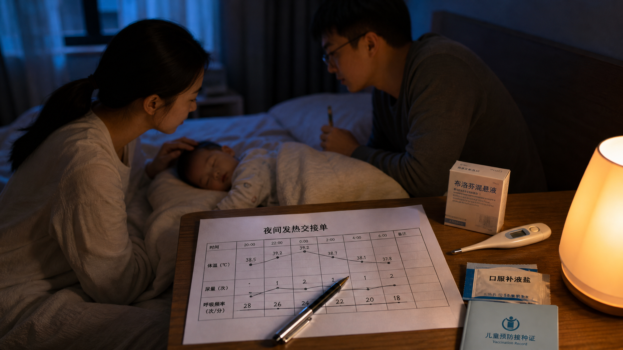 中国家庭夜间育儿场景，黑蓝色调的卧室里开着暖色小夜灯，一对中国年轻父母在床边轮班照看中国婴幼儿，父母
