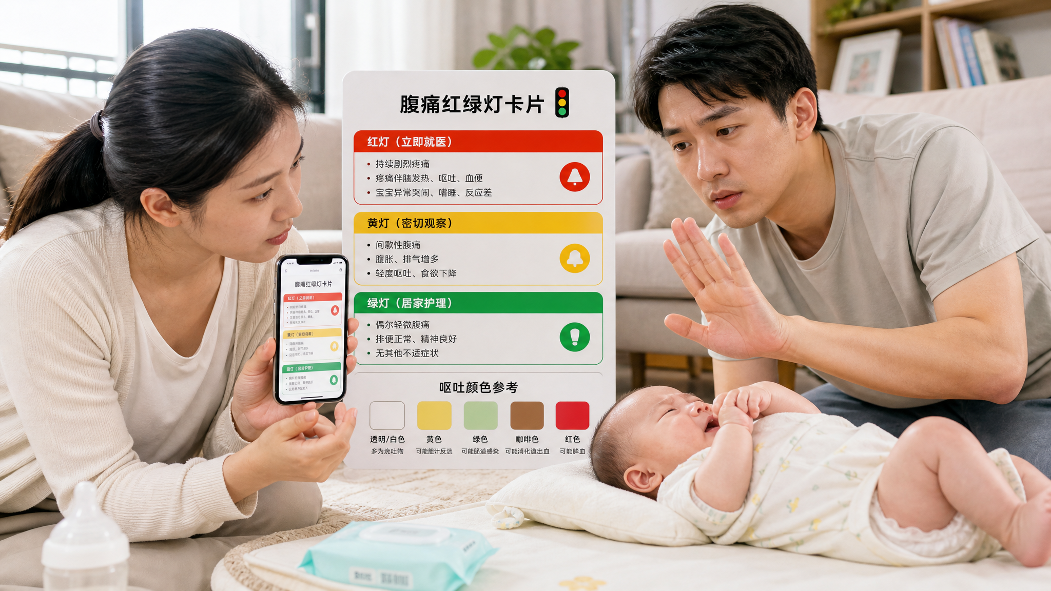 中国年轻父母在家中明亮整洁的客厅里照顾一名中国婴儿，妈妈拿着手机记录症状（屏幕上是红黄绿灯分层卡片与