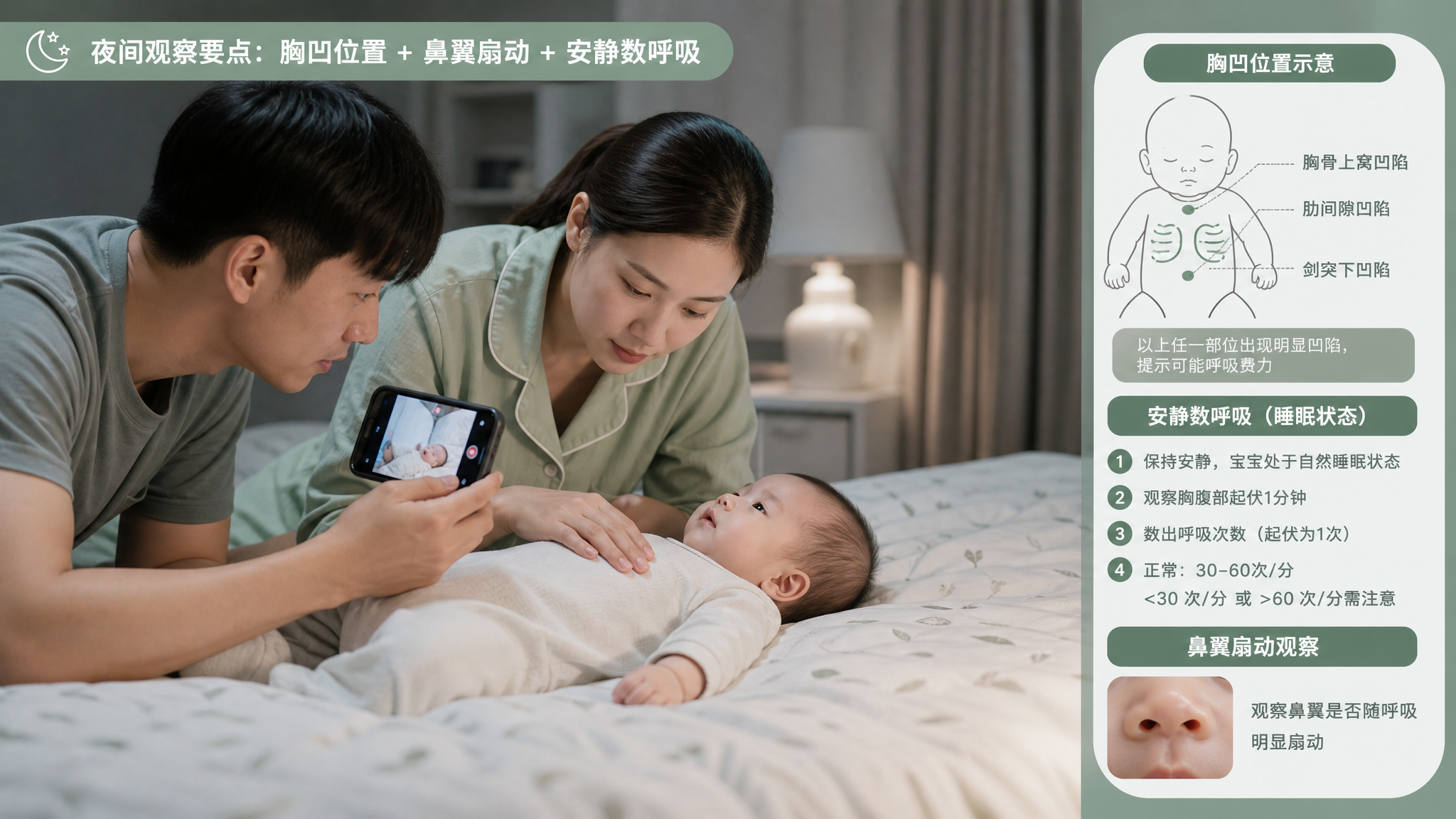 中国年轻父母在家中卧室夜间柔和台灯下照看中国0-1岁婴儿，爸爸用手机对准宝宝胸口与肋间轻拍摄呼吸视频