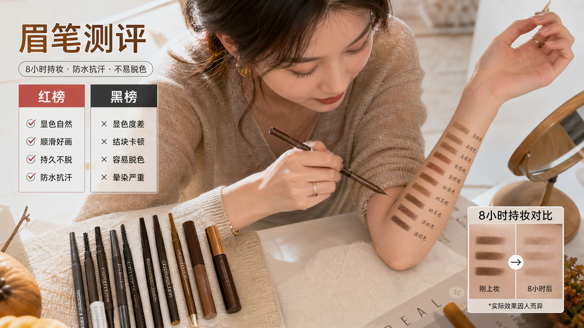 中国年轻女性美妆博主在明亮室内梳妆台前做眉笔测评,桌面摆放多支眉笔与染眉膏,画面包含手臂试色区(不同