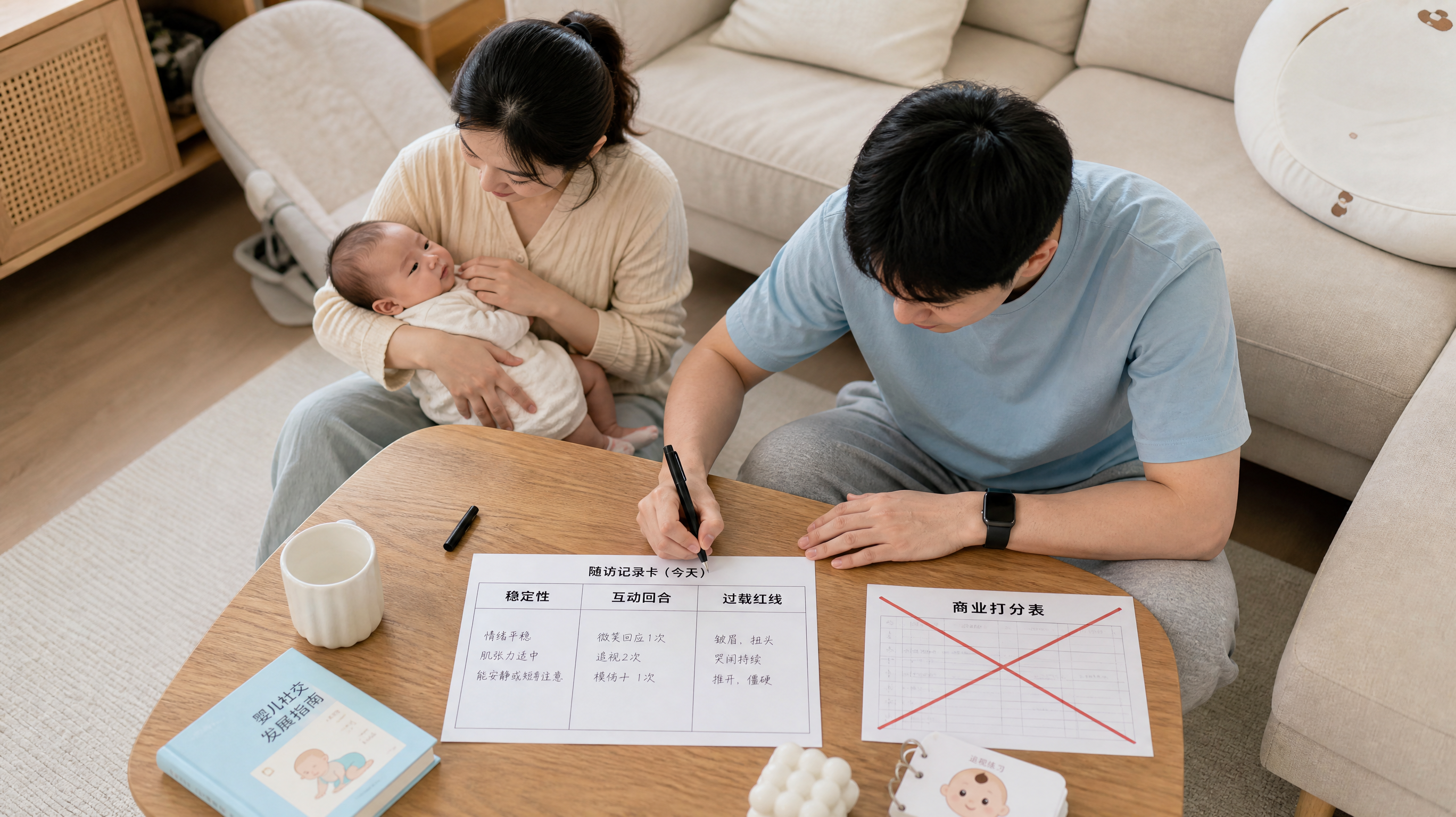 中国年轻妈妈和中国年轻爸爸在家中明亮整洁的客厅里，妈妈抱着0-6个月中国婴儿轻轻安抚，爸爸在茶几上填