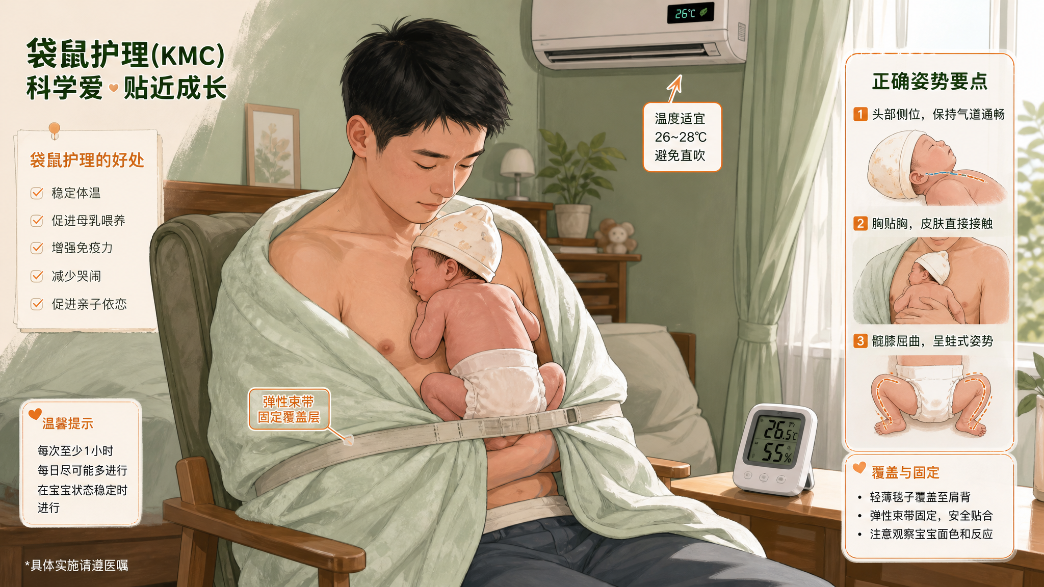 中国年轻爸爸在夏季居家卧室/客厅的安静角落进行袋鼠护理KMC，爸爸上身裸露坐在椅子上，早产儿/新生儿