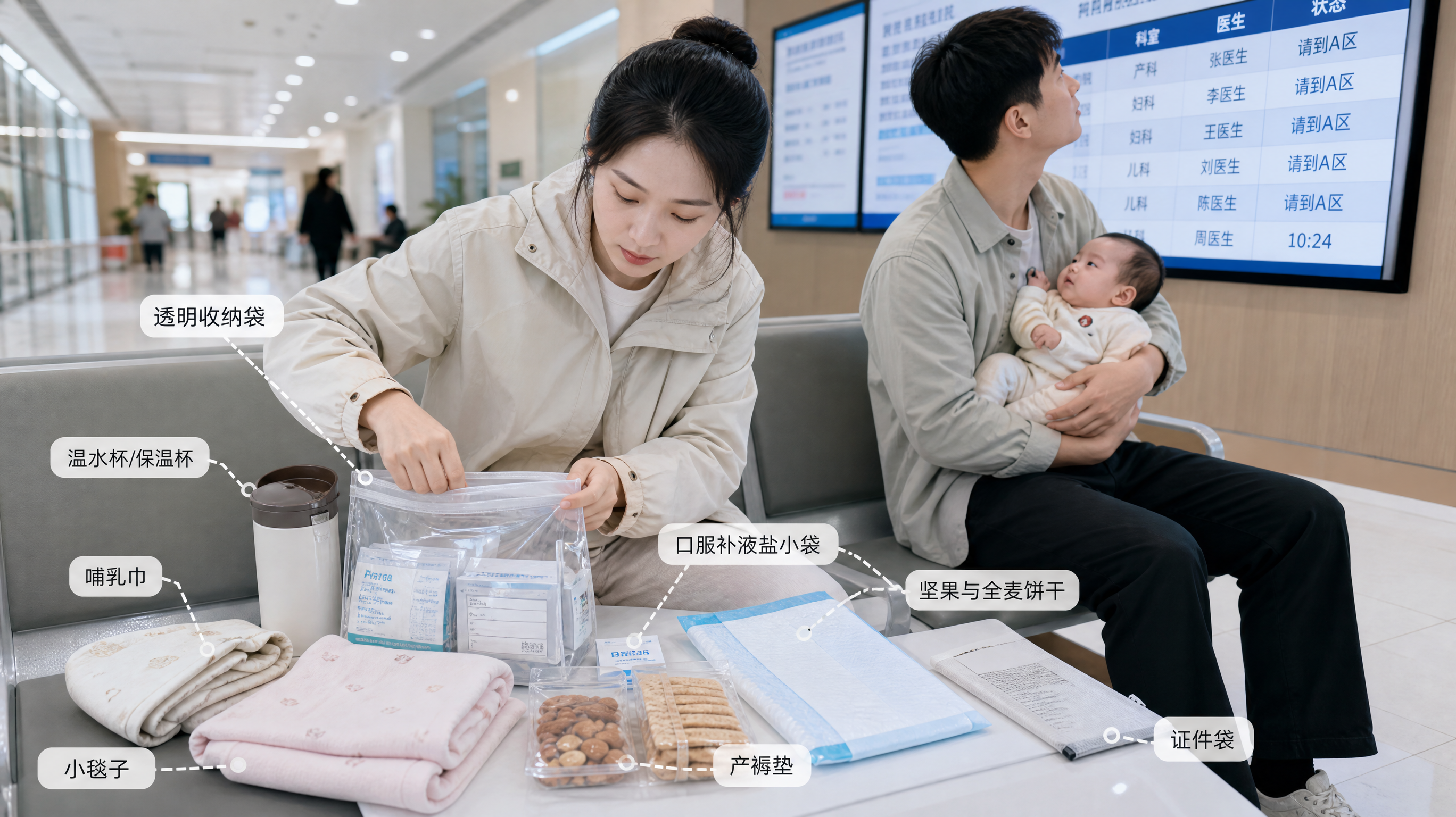 中国年轻妈妈在医院候诊区的长椅旁整理“产后复查候诊生存包”，画面包含透明收纳袋、温水杯/保温杯、口服