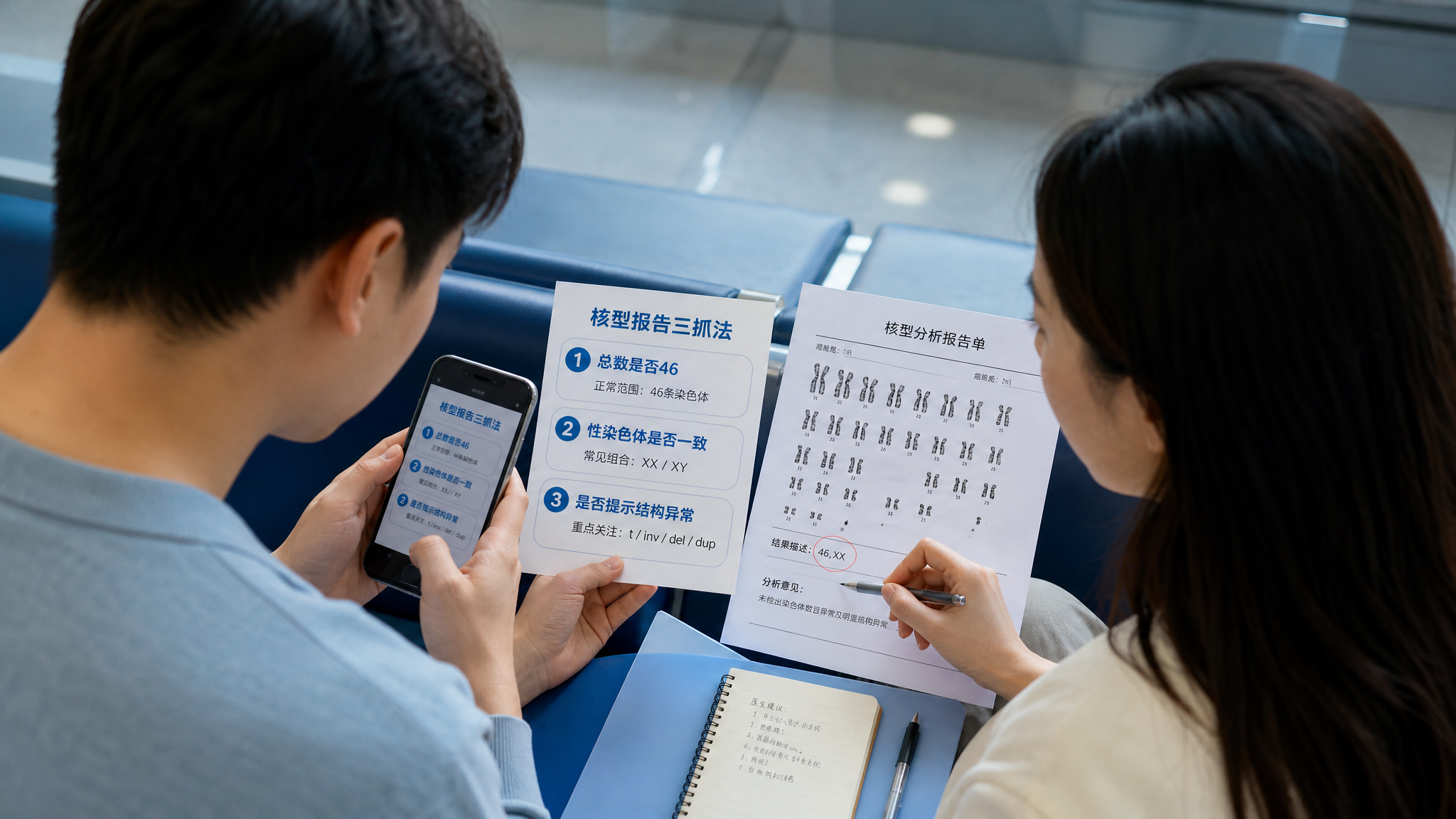 中国年轻夫妻在医院遗传咨询门诊走廊的候诊区,坐在长椅上一起看一份化验单报告,旁边放着文件夹与笔记本;