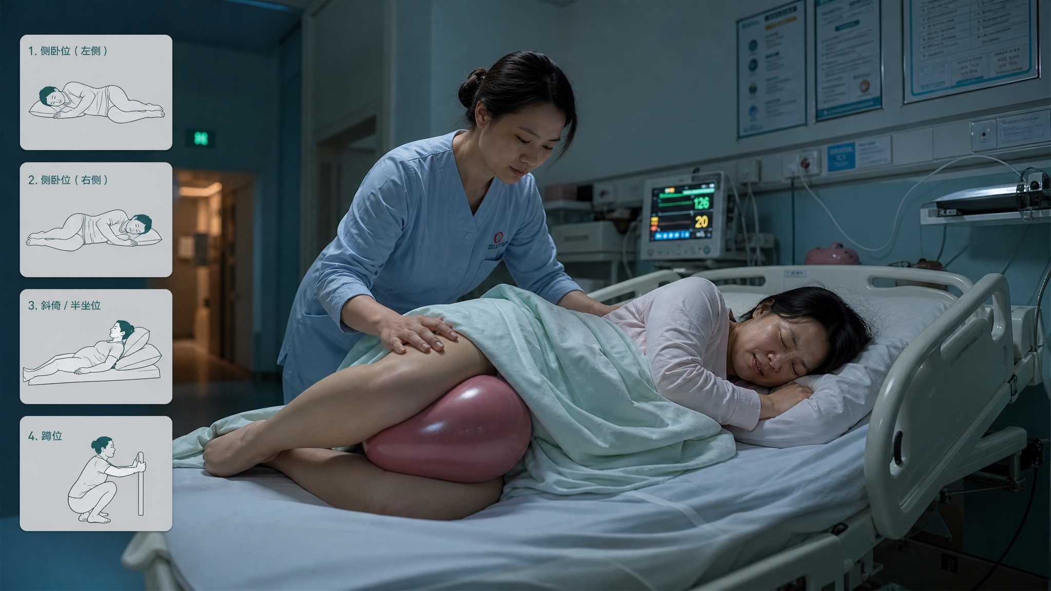 中国产房纪录片风格画面，一位中国产妇在病床上侧卧，膝间夹着花生球（peanut ball），助产士在
