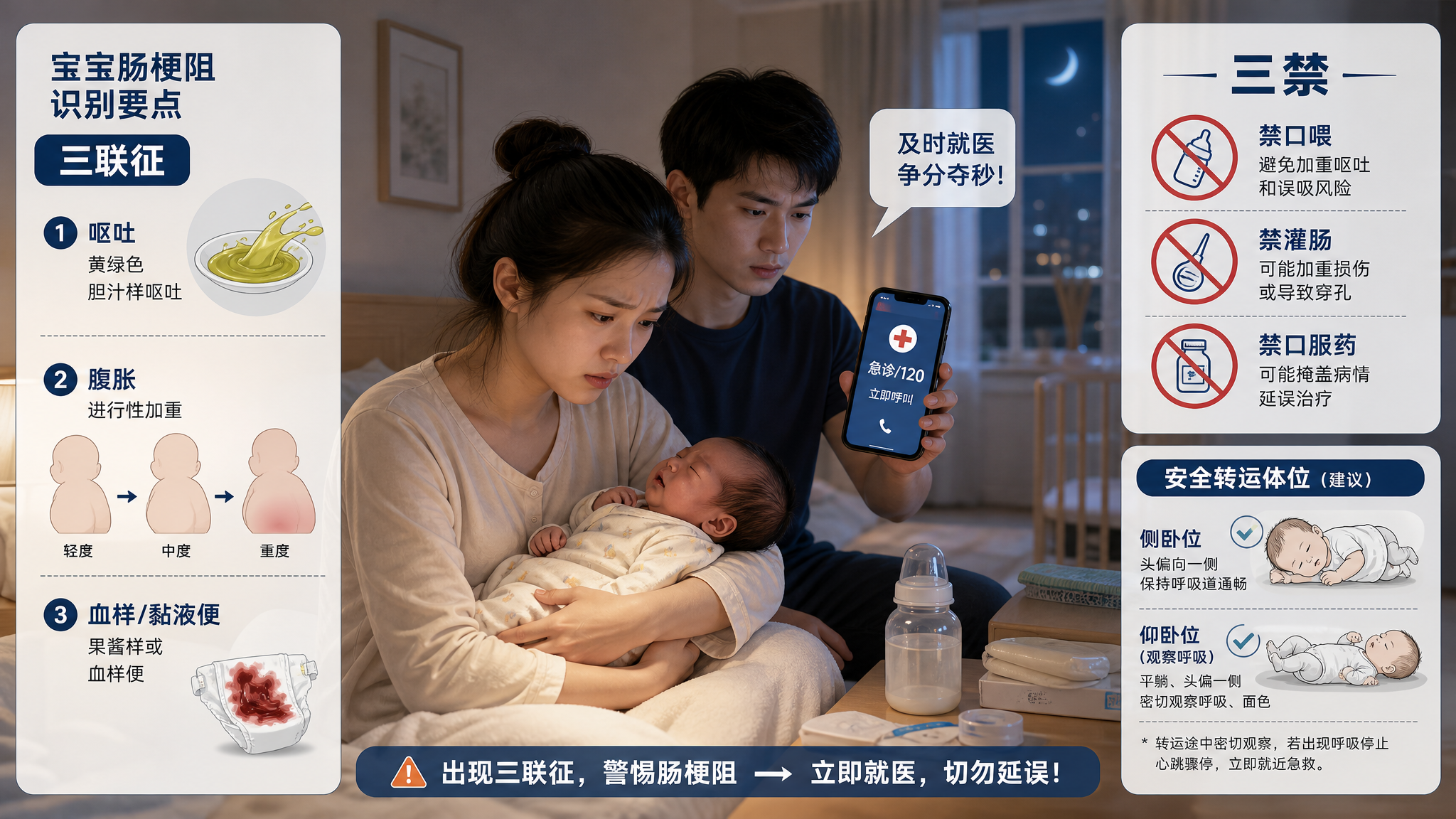 稳重医学插图风格的科普海报，画面主体为一位中国年轻妈妈在家中夜间灯光下抱着中国新生儿，妈妈神情紧张但