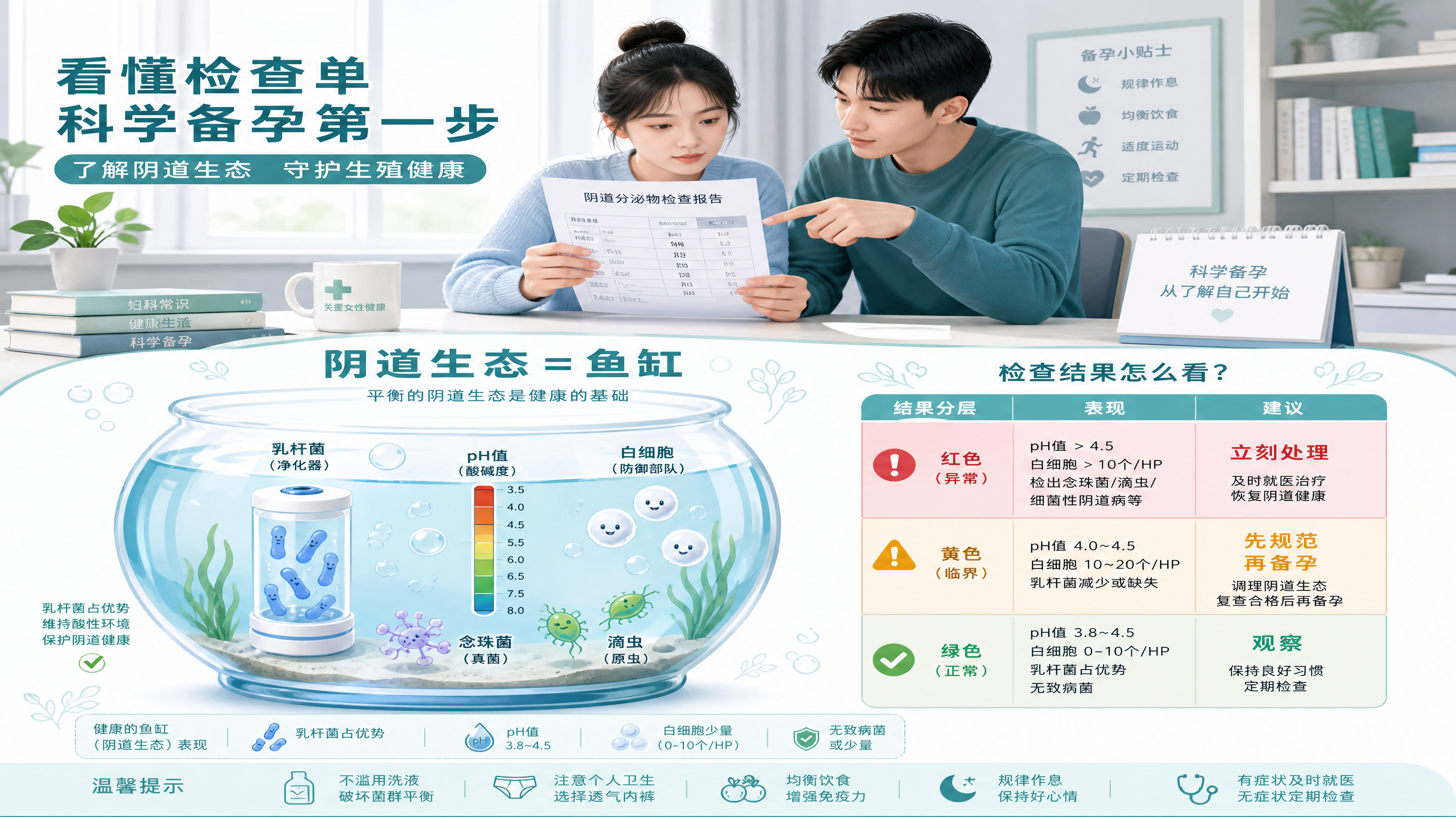 清爽蓝绿色医疗科普长图风格插画,一位中国年轻女性坐在书桌前手拿检查单认真阅读,旁边一位中国年轻男性一