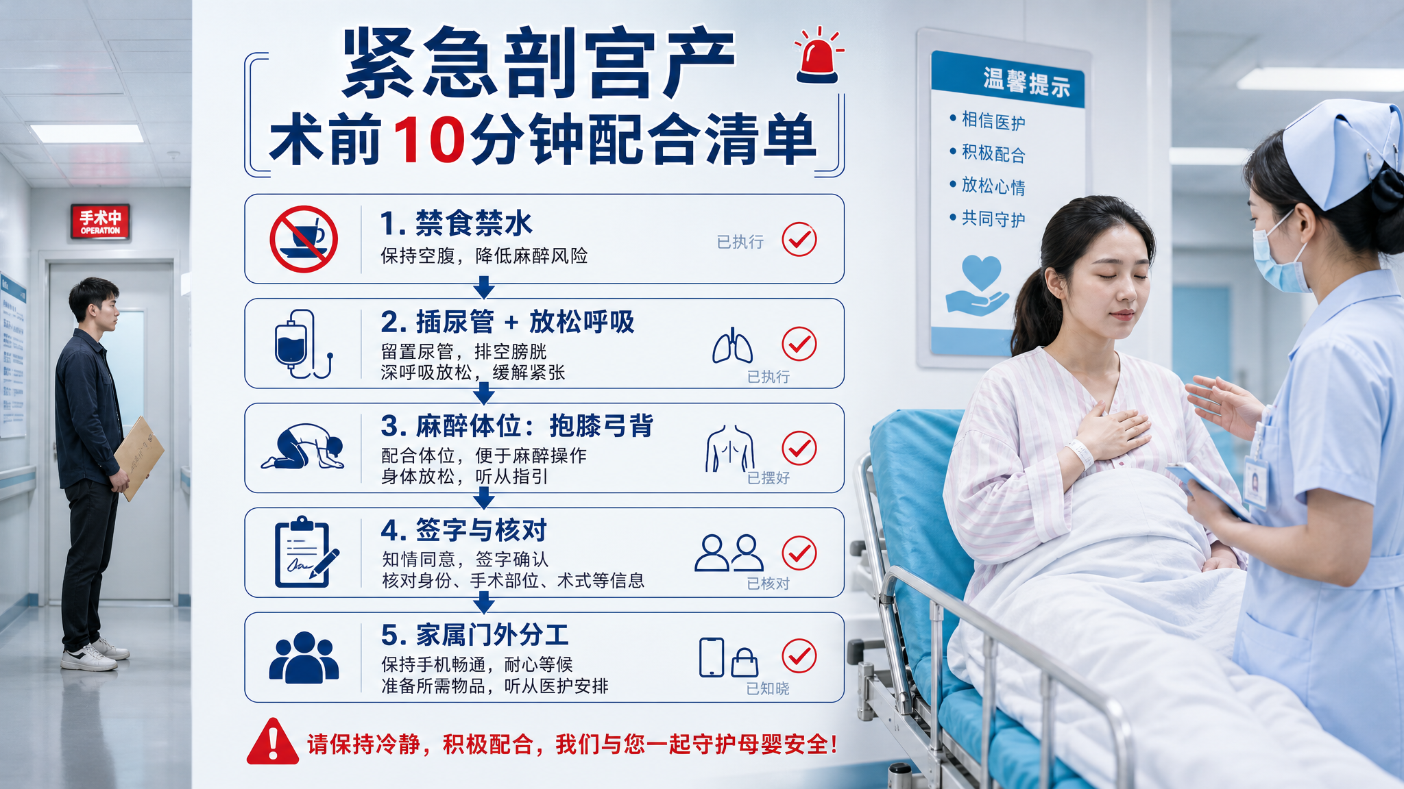 中国医院产科走廊场景，冷静克制的紧急氛围，一张“紧急剖宫产术前10分钟配合清单”作为画面核心主体（以