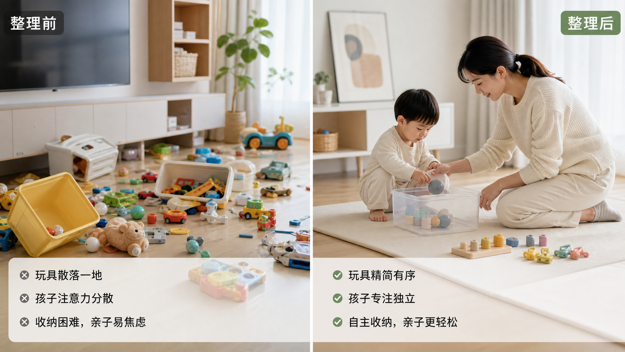中国家庭客厅一角的前后对比画面，左侧是地面散落大量玩具、收纳箱翻倒凌乱；右侧是极简游戏角：一张浅色工