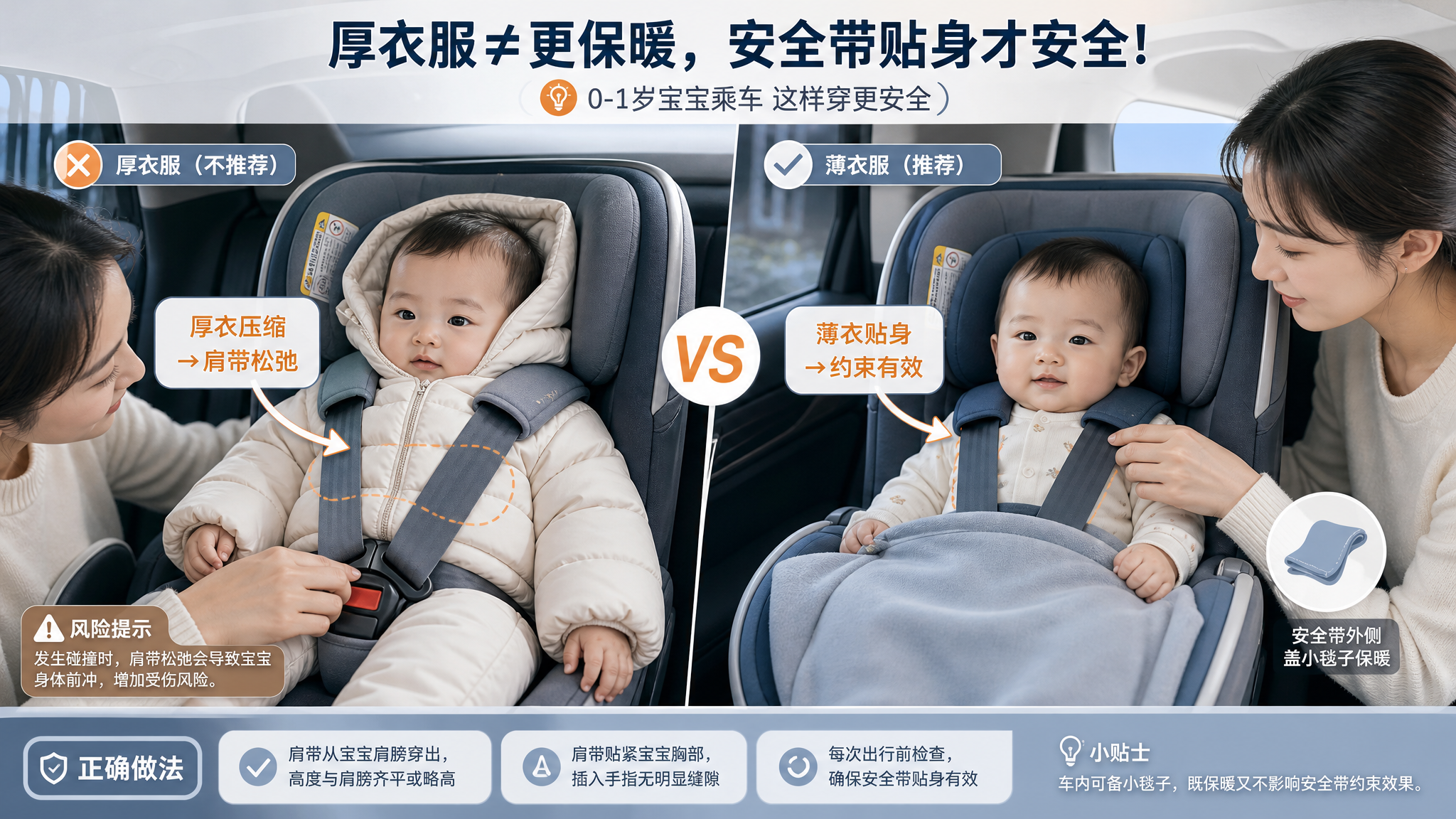 车内场景对比插画风信息图，一张画面分为左右两栏：左侧中国婴儿(0-1岁)穿厚羽绒服坐在儿童安全座椅中