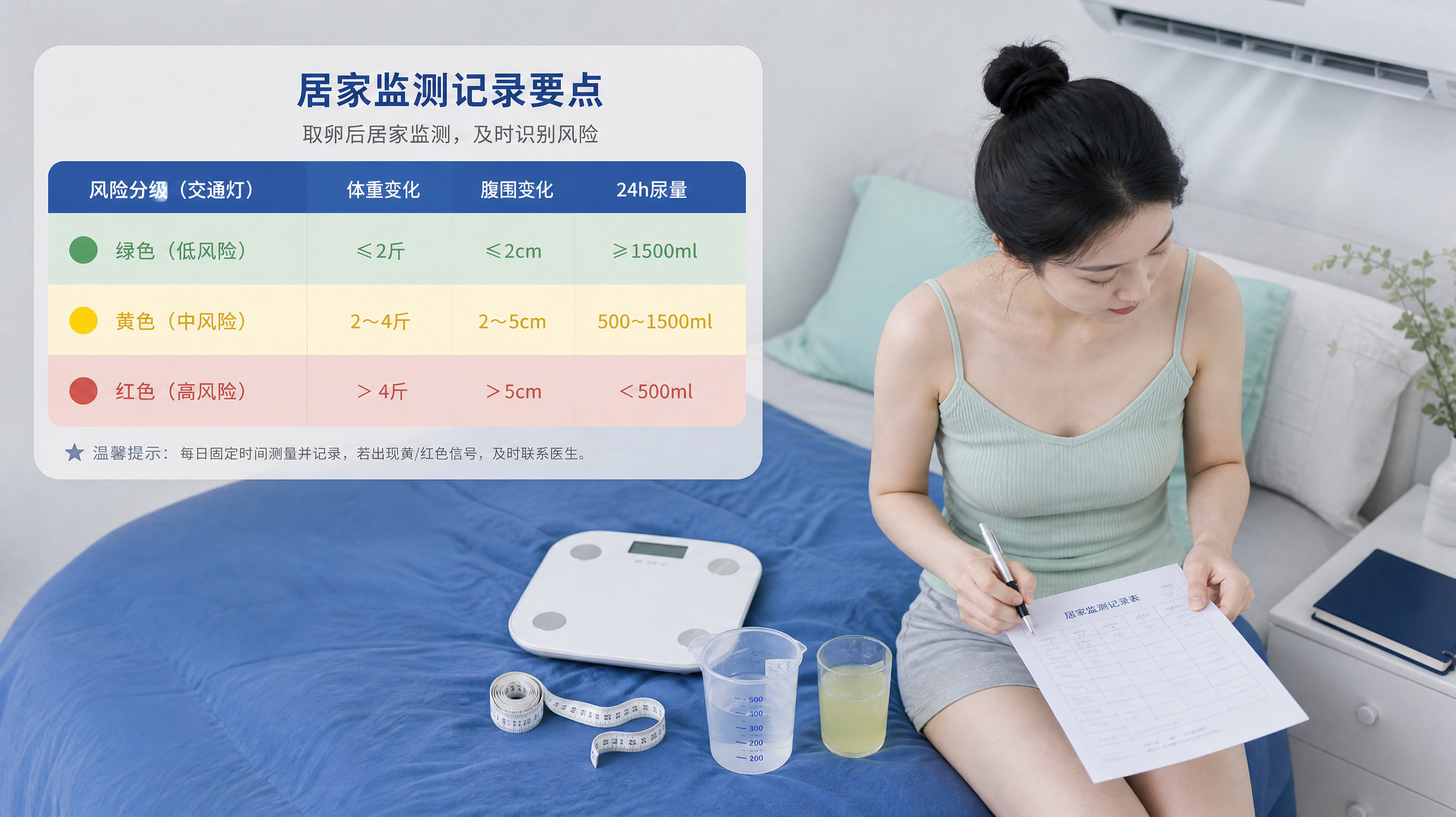 中国女性在夏季卧室内进行生育治疗后居家监测记录,人物为中国年轻女性坐在床边,手拿记录表和笔,旁边放着体重