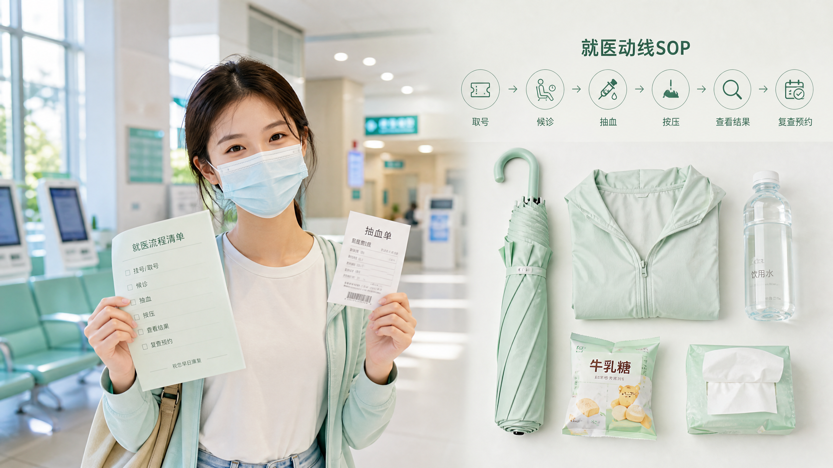 中国年轻女性在夏季医院门诊大厅场景,手持就医流程清单与抽血单,旁边放着遮阳伞、薄外套、常温小水瓶、含