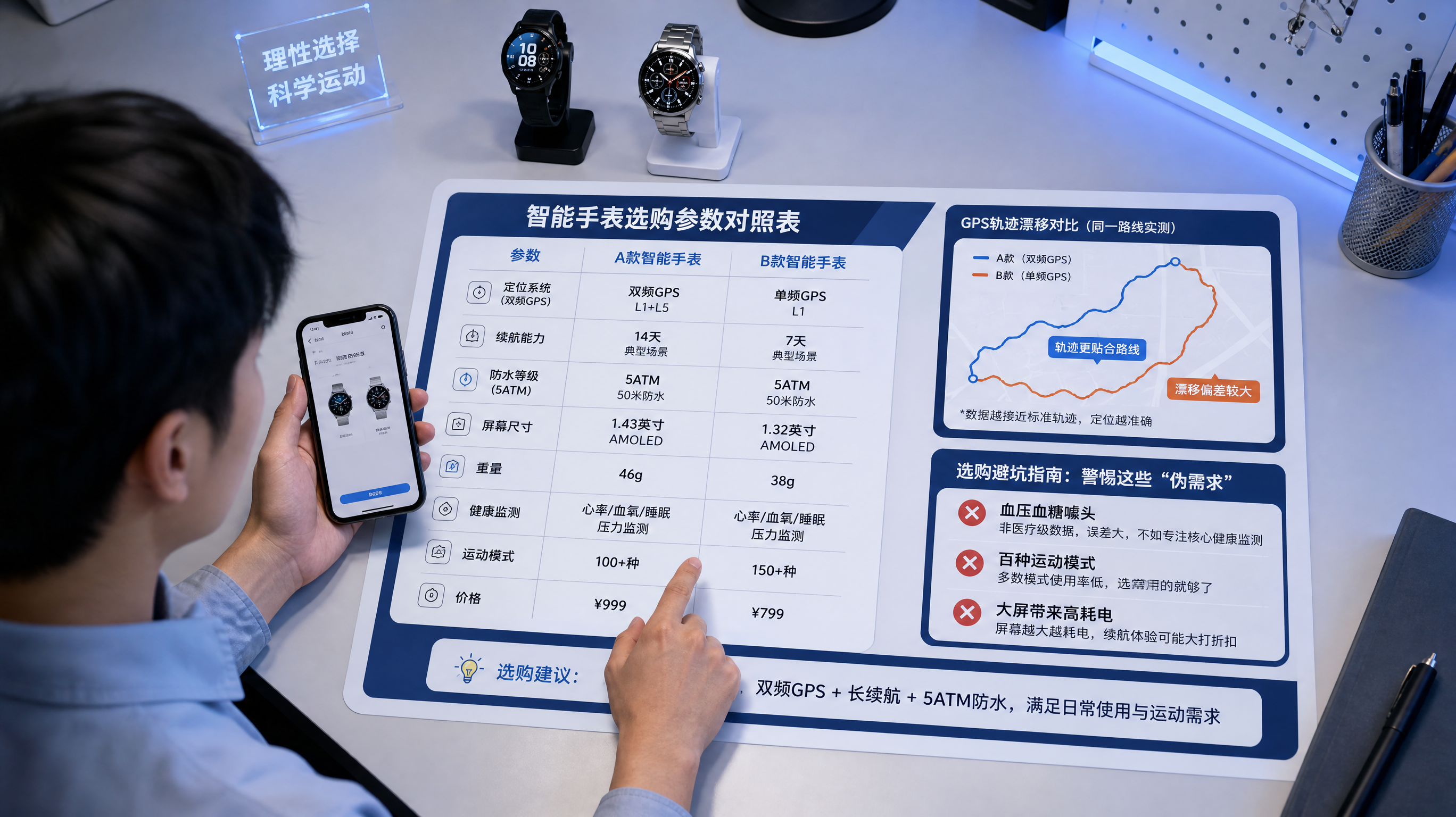 蓝色科技风信息图场景，一位中国年轻人坐在书桌前对比两块智能手表参数，人物一手拿手机打开手表配对APP