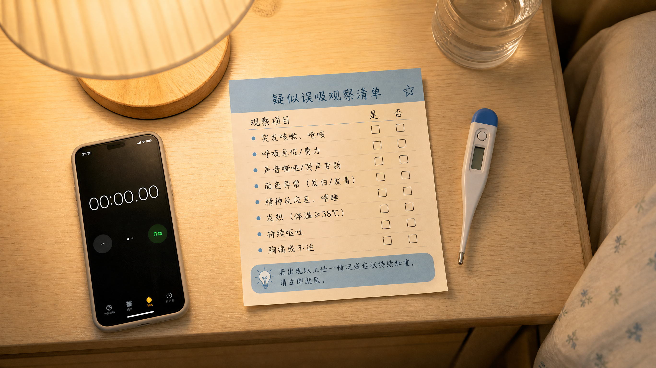 便签式育儿科普海报风格,场景为中国家庭卧室的夜间床头柜,上方有柔和台灯光;画面主体是一张清晰的“疑似