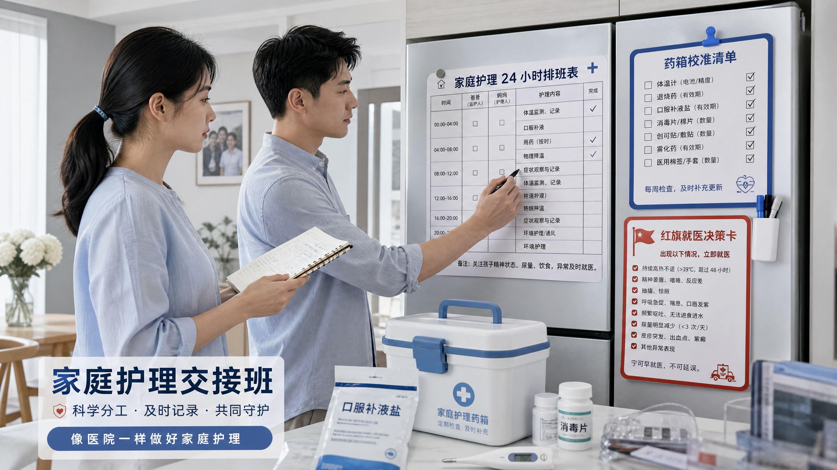 中国年轻父母在家庭餐厅的冰箱前进行“家庭护理交接”，妈妈手持记录本，爸爸用笔在一张贴在冰箱上的24小