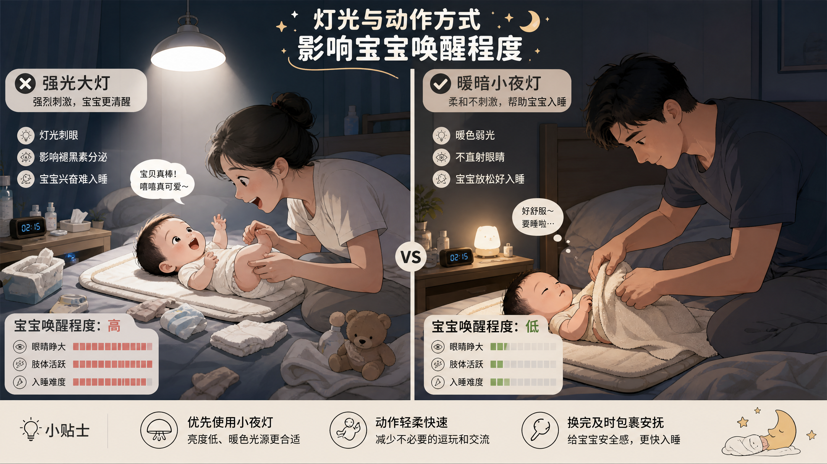 夜醒换尿布越哄越醒？爸爸用3步低唤醒复位