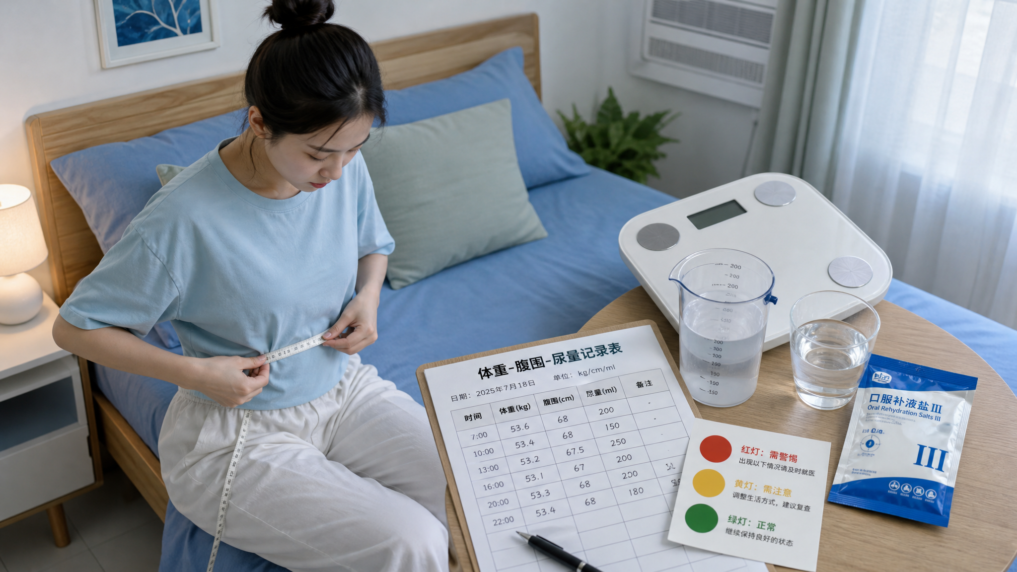 中国年轻女性在夏季室内卧室里,穿宽松家居服,坐在床边用软尺测量腹围并记录在纸质表格上,床头柜放着体重