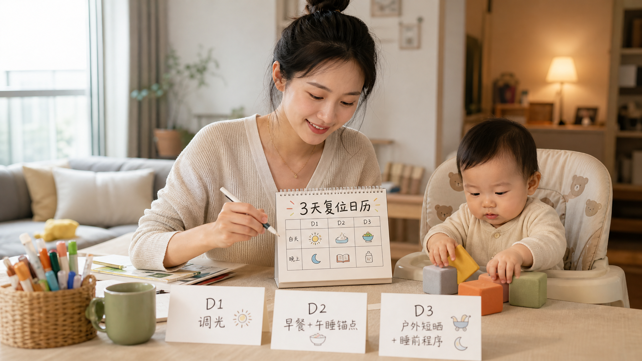 中国年轻妈妈在家中餐桌旁做手账风“3天复位日历”，旁边坐着一位7-12个月中国宝宝在婴儿餐椅上玩安全