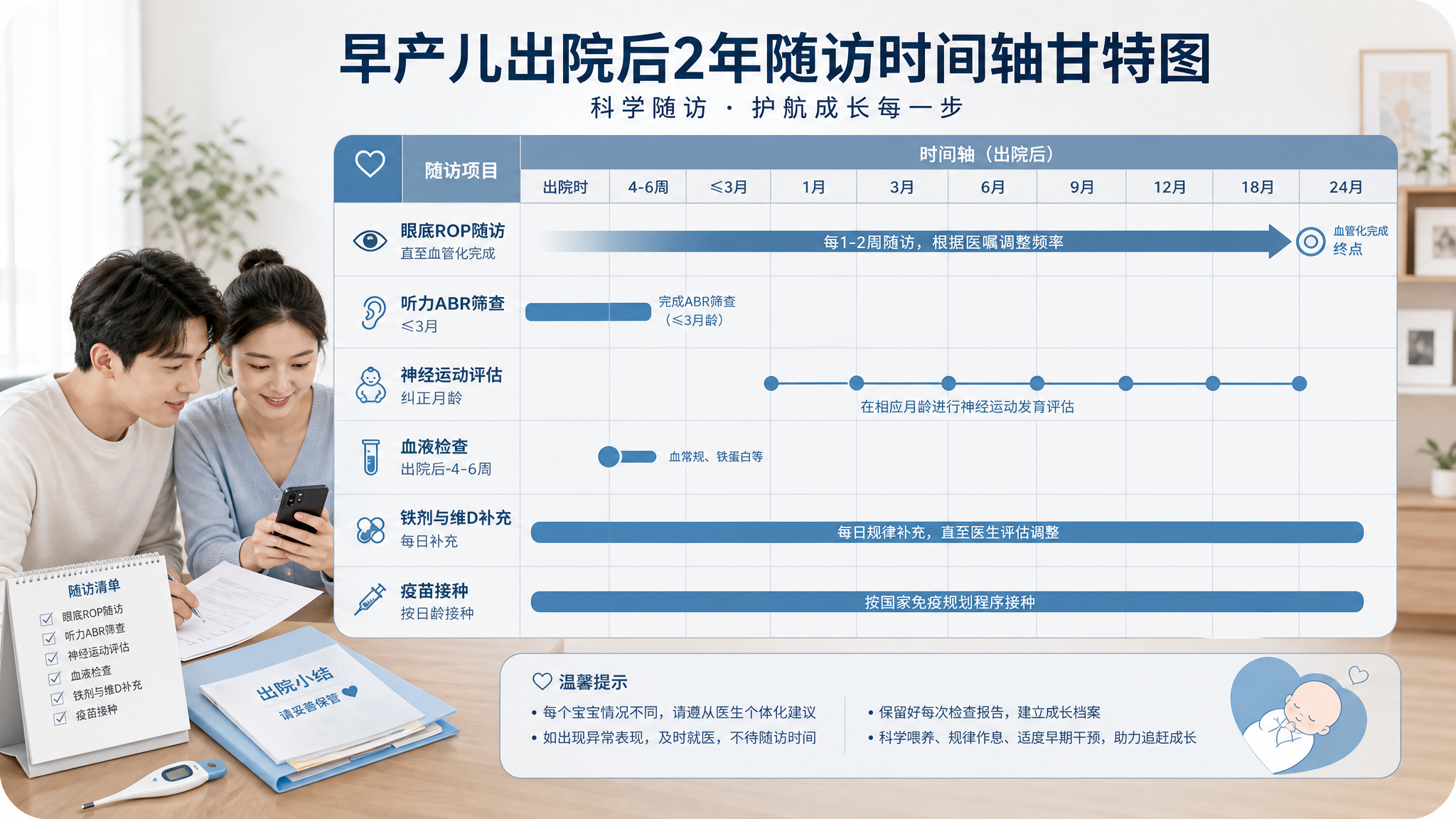 一张竖版信息图风格插画,主题为“早产儿出院后2年随访时间轴甘特图”,画面中一对中国年轻父母在家中餐桌
