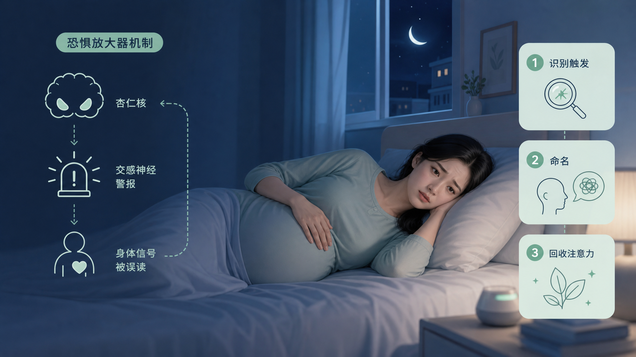 深夜卧室场景，中国孕晚期年轻孕妇侧躺在床上，手轻放在肚子上，表情紧张但正在努力平稳；画面左侧以极简线