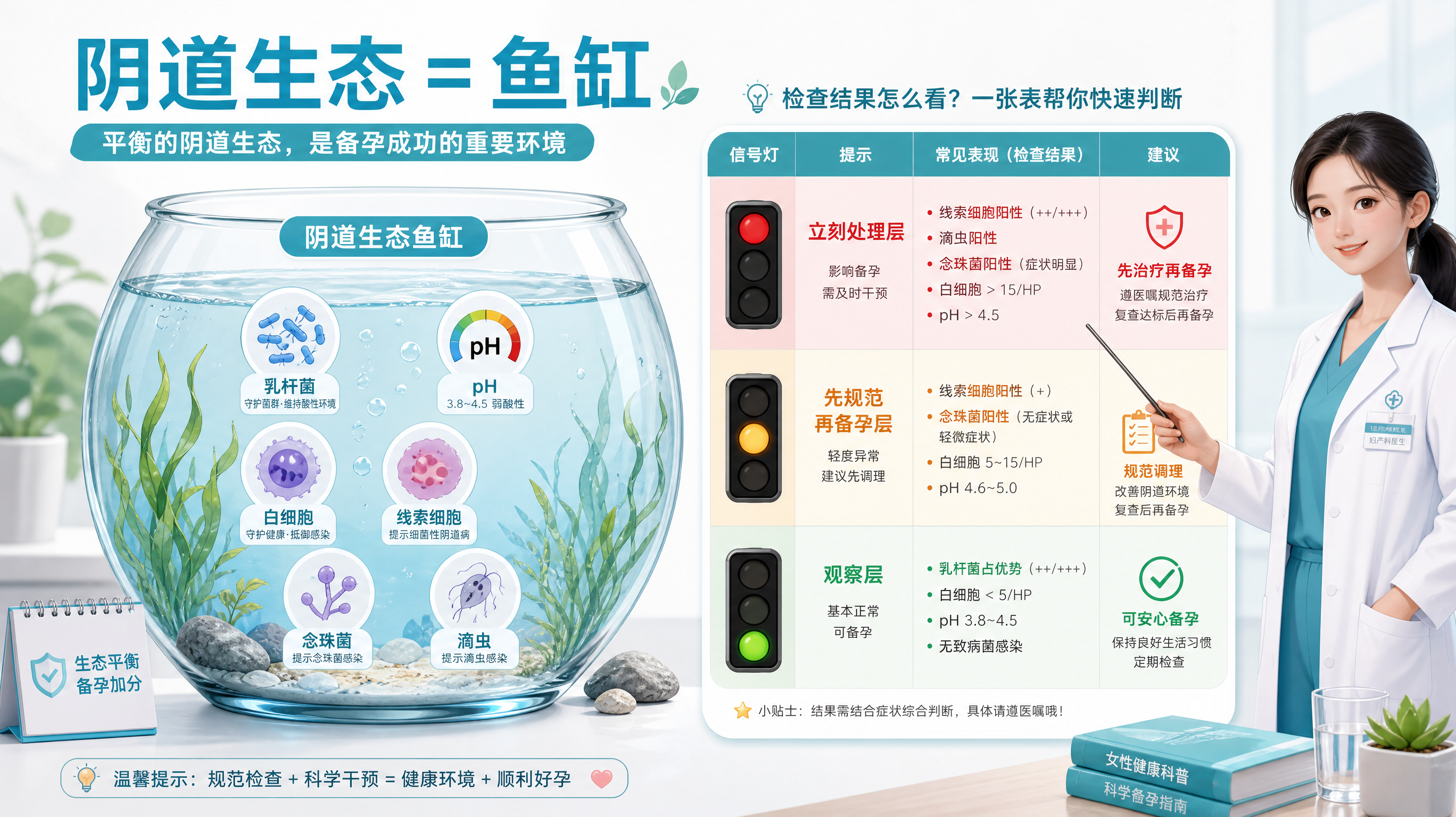 清爽蓝绿色医疗科普长图风格插画,画面主体为“阴道生态=鱼缸”的拟物示意:一个透明鱼缸象征阴道生态,鱼