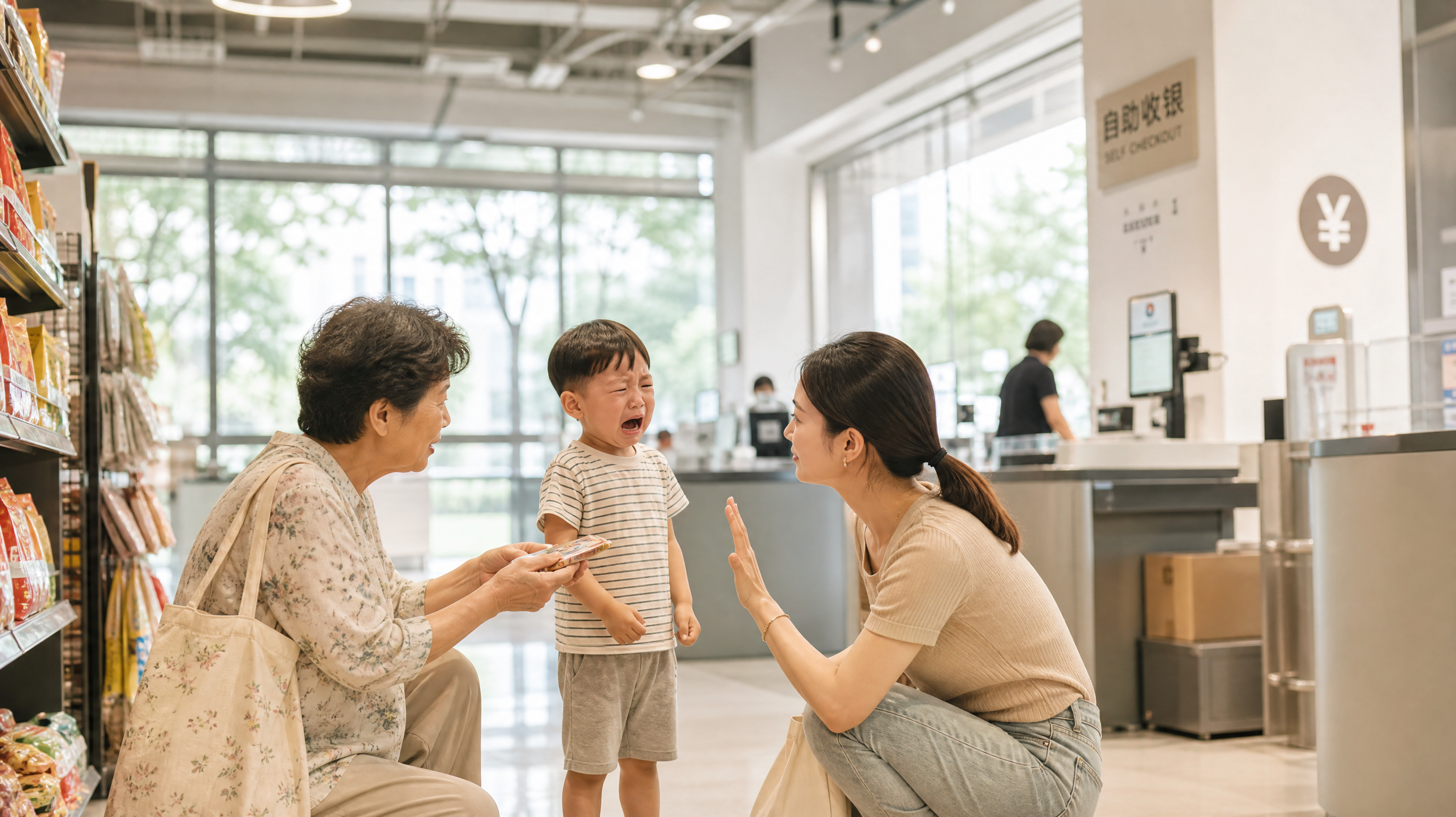 中国超市收银区附近的真实生活场景，中国年轻妈妈与中国幼儿在一侧，幼儿情绪激动哭闹，妈妈蹲下保持冷静安