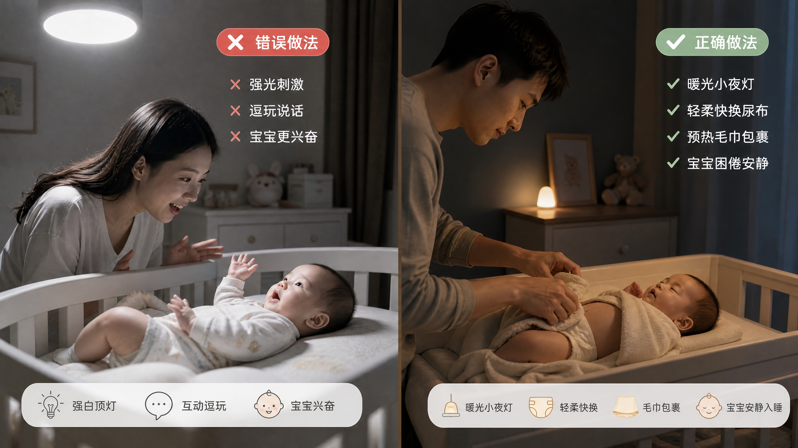 宝宝夜醒别开大灯：爸爸3步低唤醒复位更好哄回睡