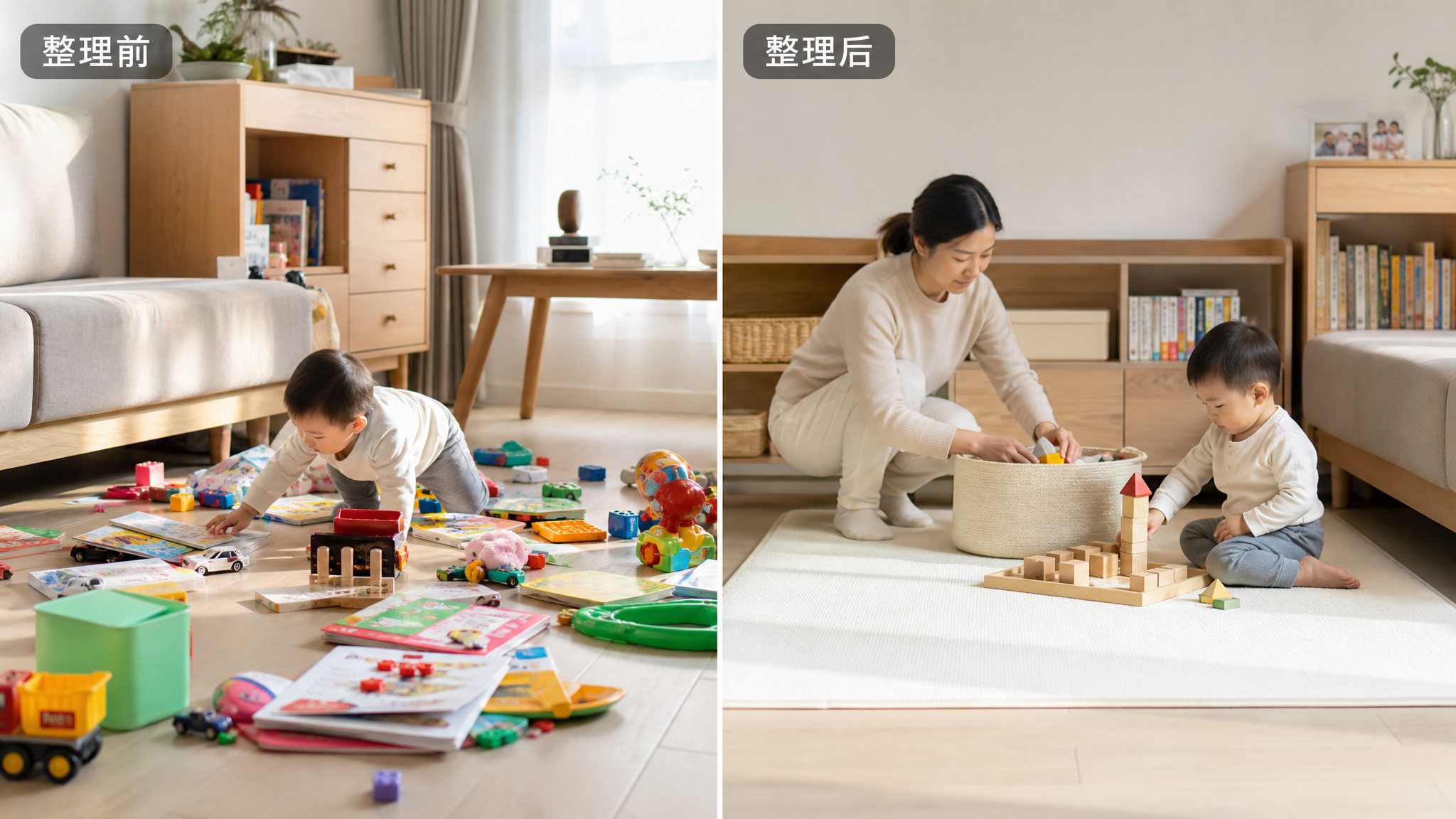 中国家庭客厅同一角落的对比式画面，左侧为玩具满地散乱、孩子在地上快速翻找，右侧为极简游戏角：一张浅色