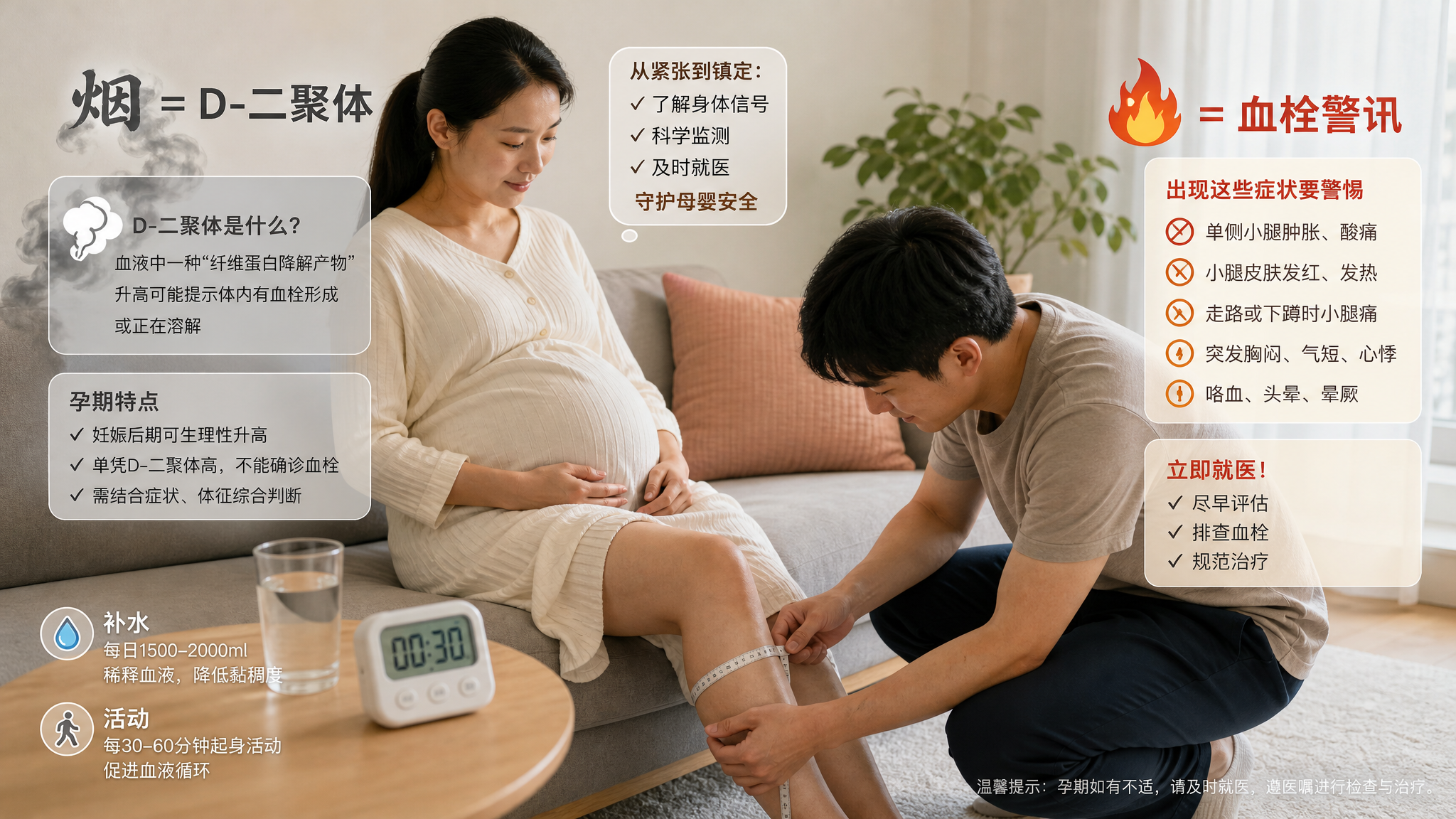中国孕晚期女性（34-36周感觉）在家中明亮客厅沙发旁坐着，神情从紧张转为镇定，旁边中国年轻丈夫蹲着