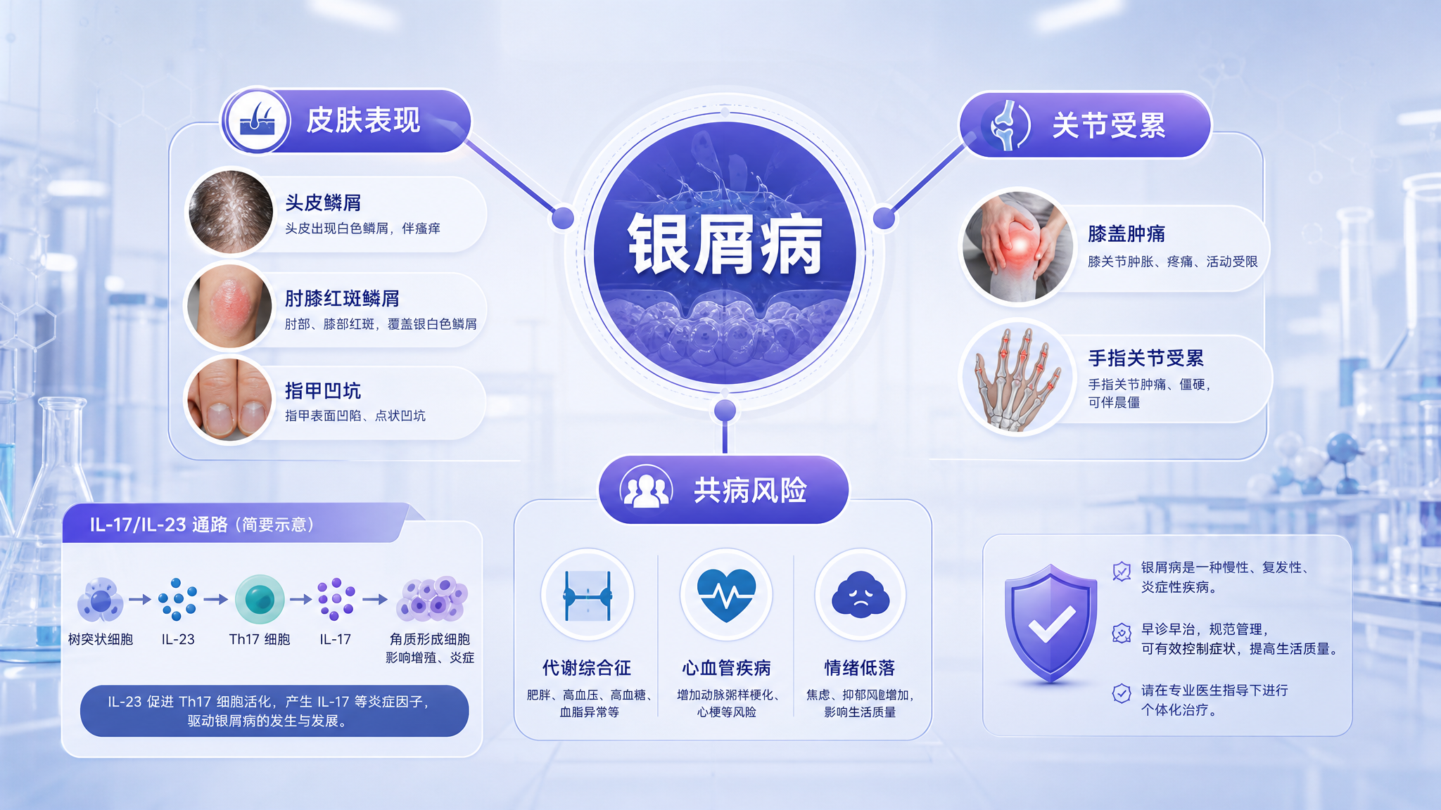科研感信息海报风格，蓝紫冷调背景，画面中心为“银屑病”主题圆形节点，向外延伸三条关系链：皮肤（头皮鳞