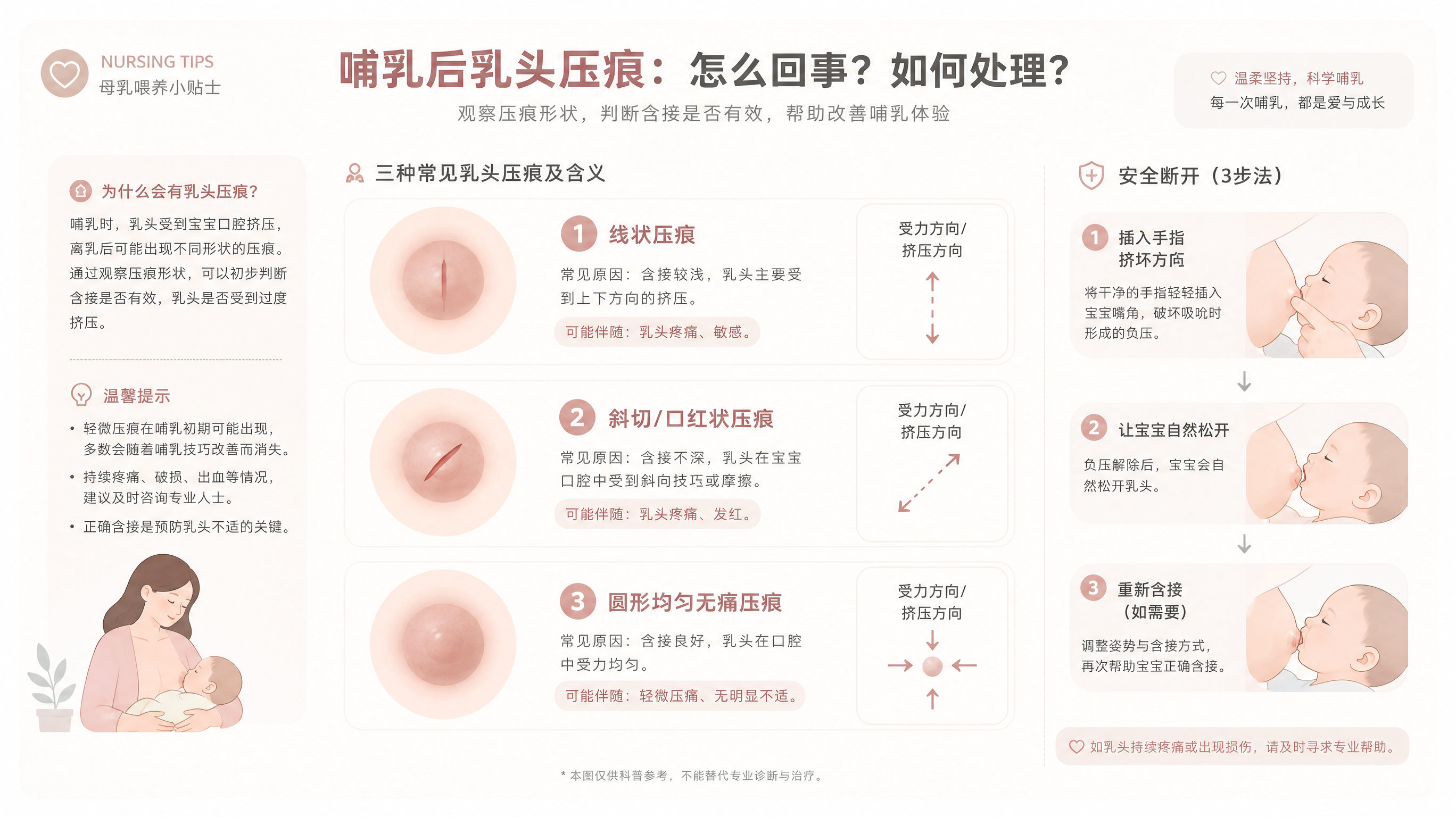 莫兰迪藕粉与浅灰配色的科普信息图，画面中心为三种“哺乳后乳头压痕”示意图（线状压痕、斜切/口红状压痕