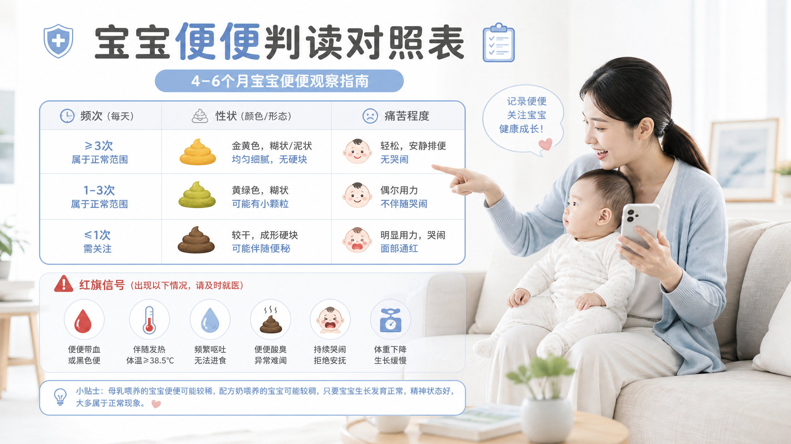 干净白底的医学科普卡片风插画，一张“宝宝便便判读对照表”海报，核心主体为三栏对照表（频次、性状、痛苦
