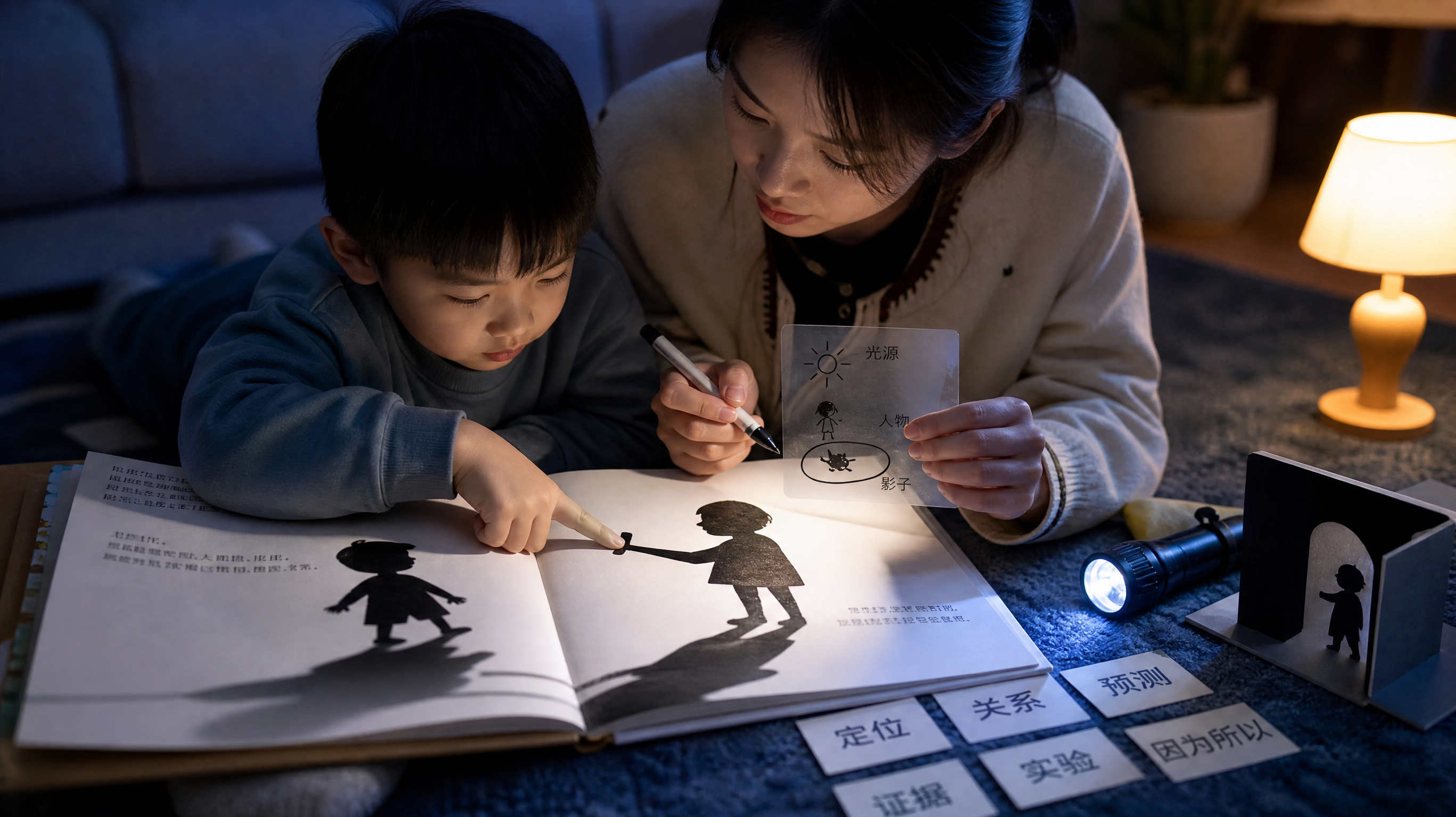 中国年轻妈妈和中国学龄前儿童在夜色蓝调的客厅地毯上共读影子主题绘本，旁边放着手电筒、简易遮光板和几张