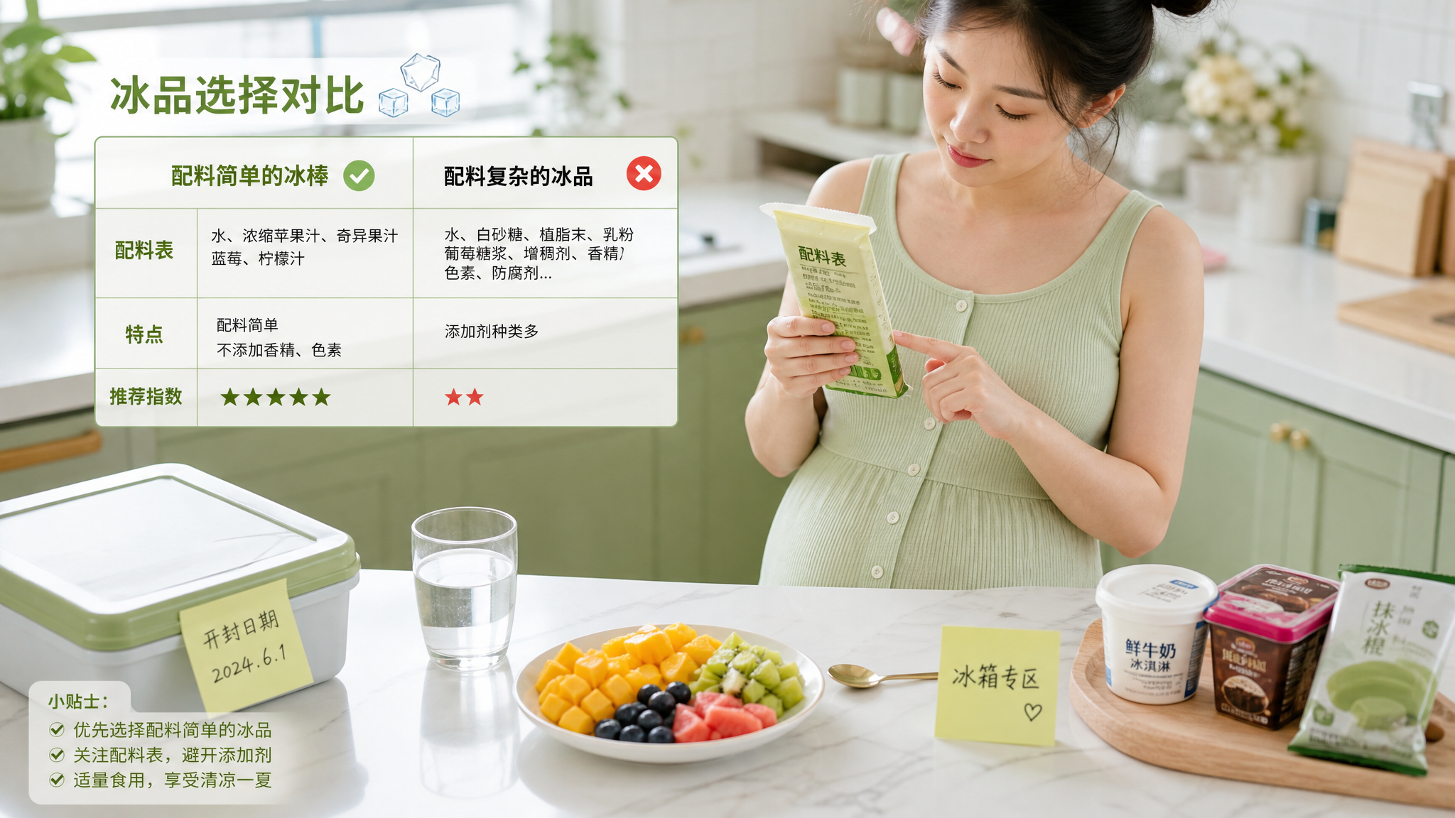 中国年轻孕妈妈在夏日明亮的家庭厨房台面前，手里拿着一支配料简单的冰棒并仔细看配料表，旁边放着切好的水