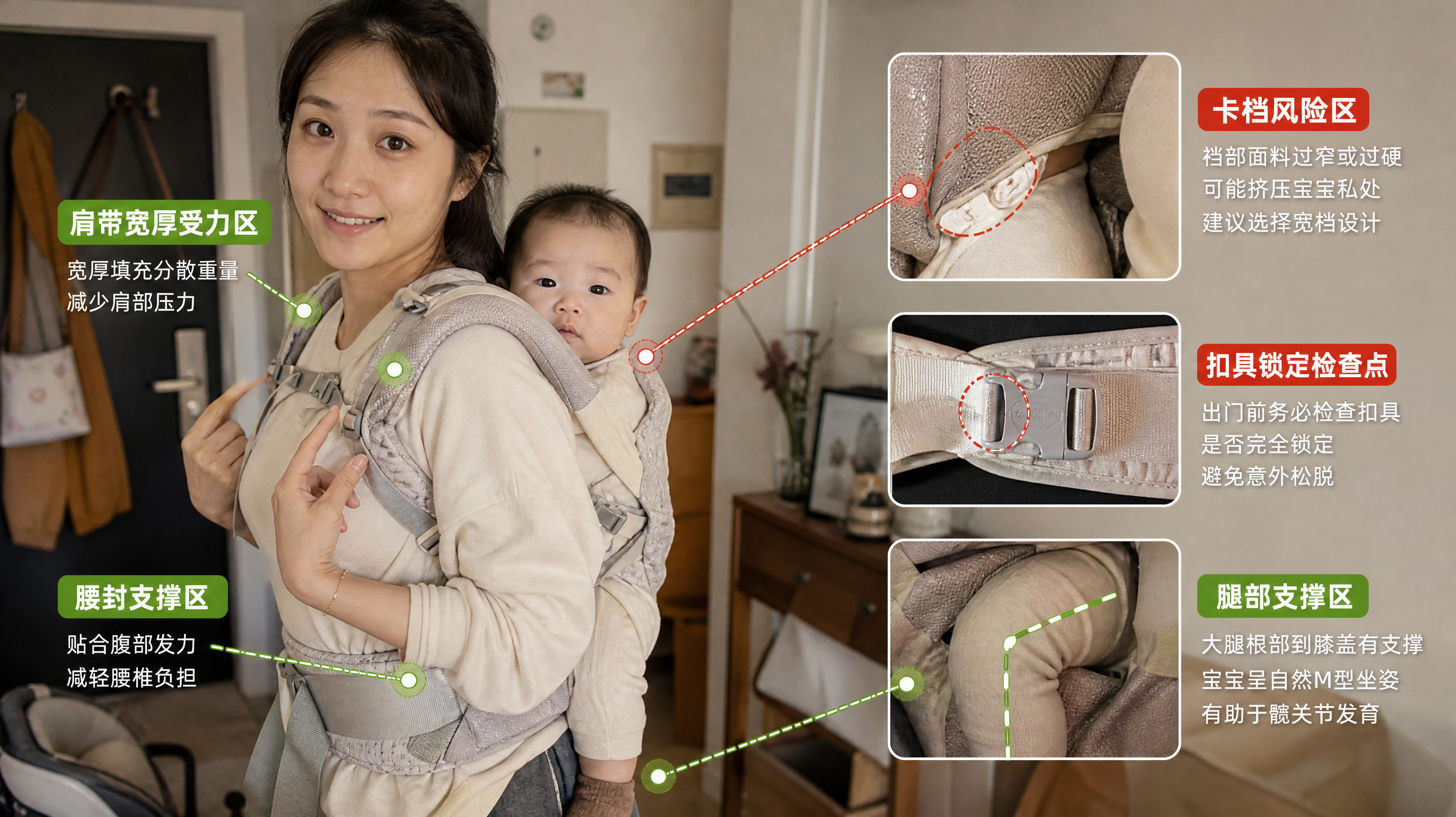 中国年轻妈妈在家中玄关/客厅交界处，准备带中国婴儿出门接送通勤，妈妈正在试背婴儿背带并用手指示意肩带