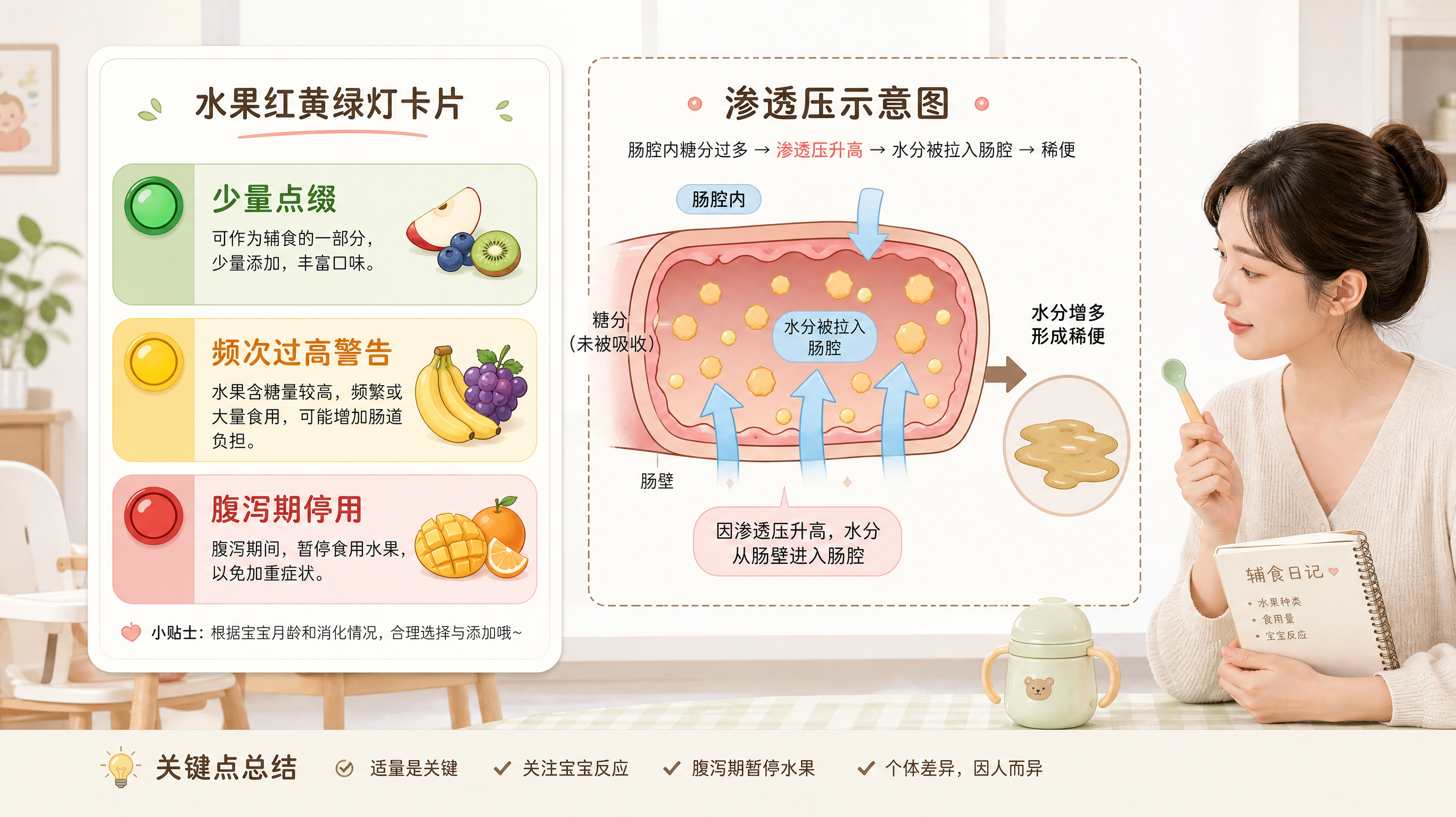 医学科普插画风格，画面分为左右两部分的对比构图；左侧为“水果红黄绿灯卡片”信息图：绿色区写“少量点缀