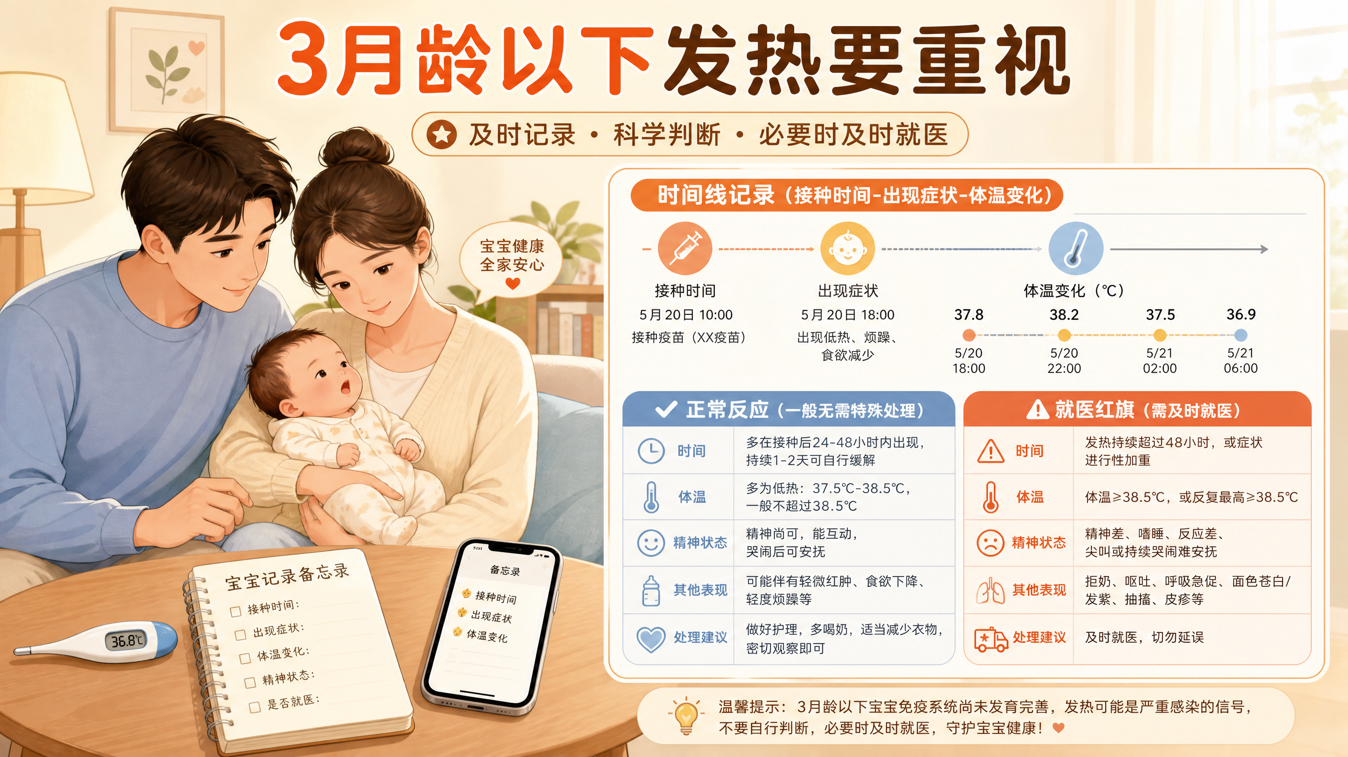暖色医学科普风插画/信息图风格画面，中国年轻妈妈和爸爸在家中客厅，抱着1-3月龄中国婴儿，旁边桌上放