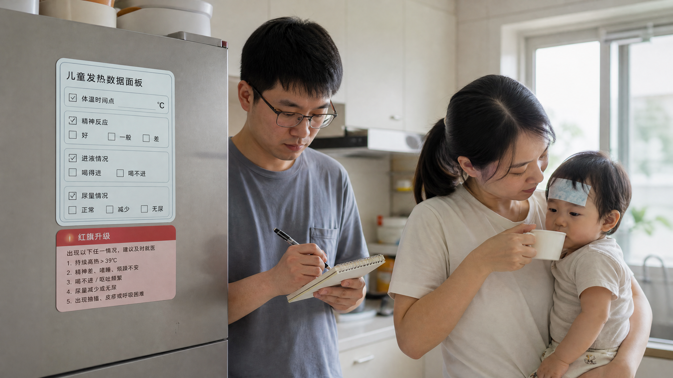 中国家庭厨房场景，冰箱门上贴着一张极简“儿童发热数据面板”冰箱贴模板，冷绿色线框与黑色文字，包含四项