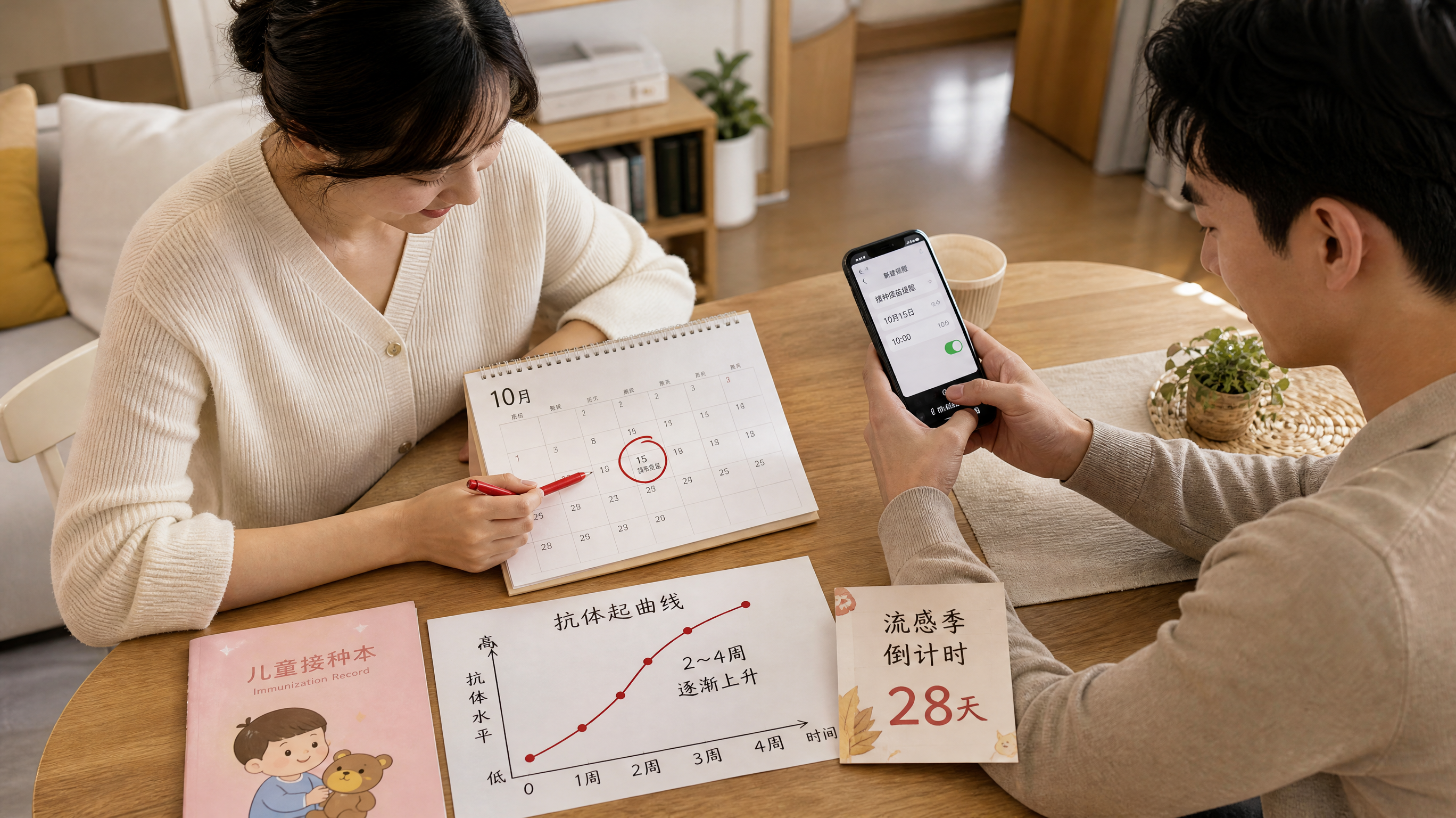 画面为中国年轻父母在家中餐桌前制定接种计划，一位中国妈妈用红笔在10月日历上圈出日期，旁边放着儿童接