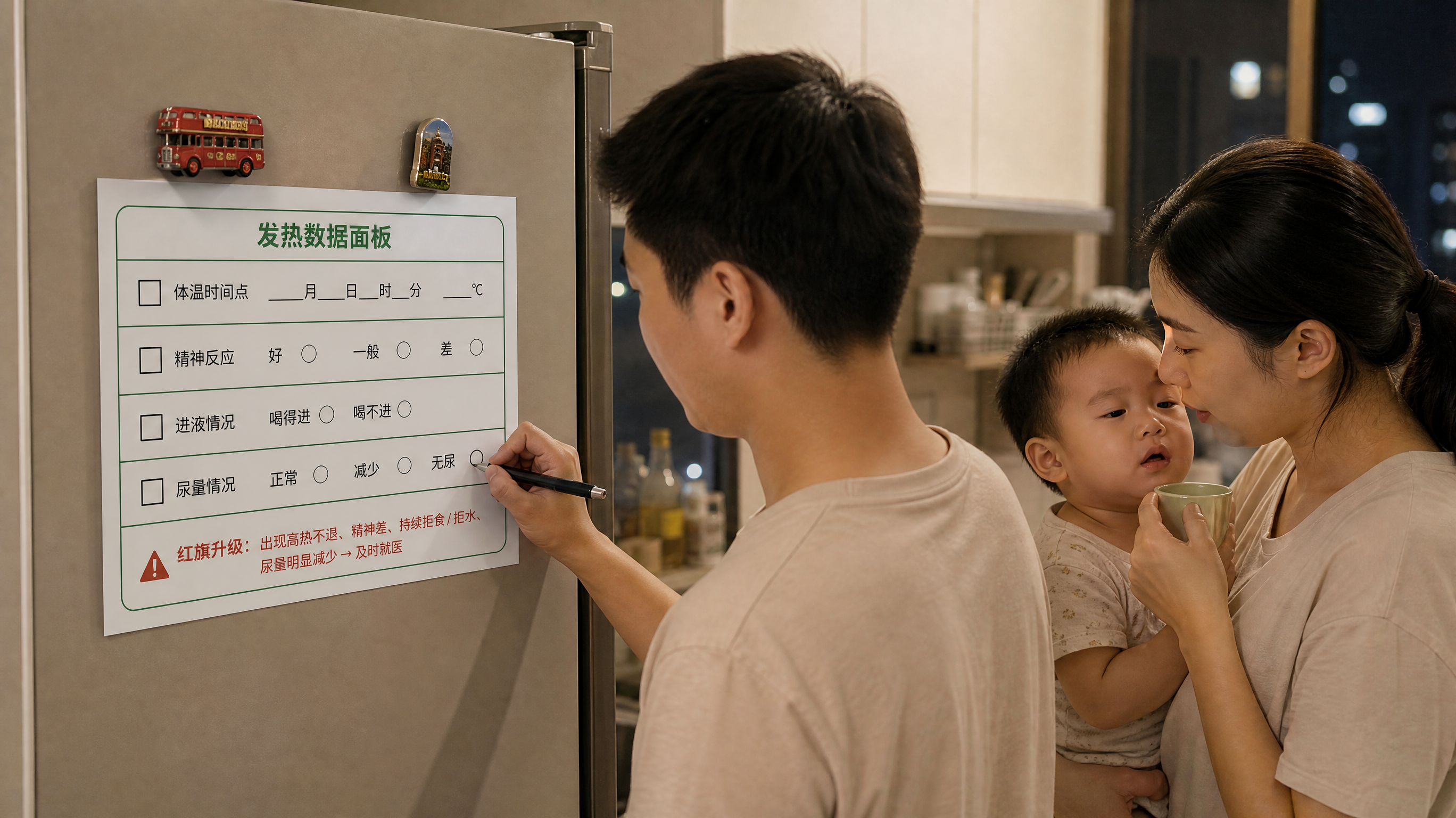 中国年轻父母在家中厨房冰箱前协作照顾发烧的中国婴幼儿，冰箱门上贴着一张极简“发热数据面板”纸张模板（
